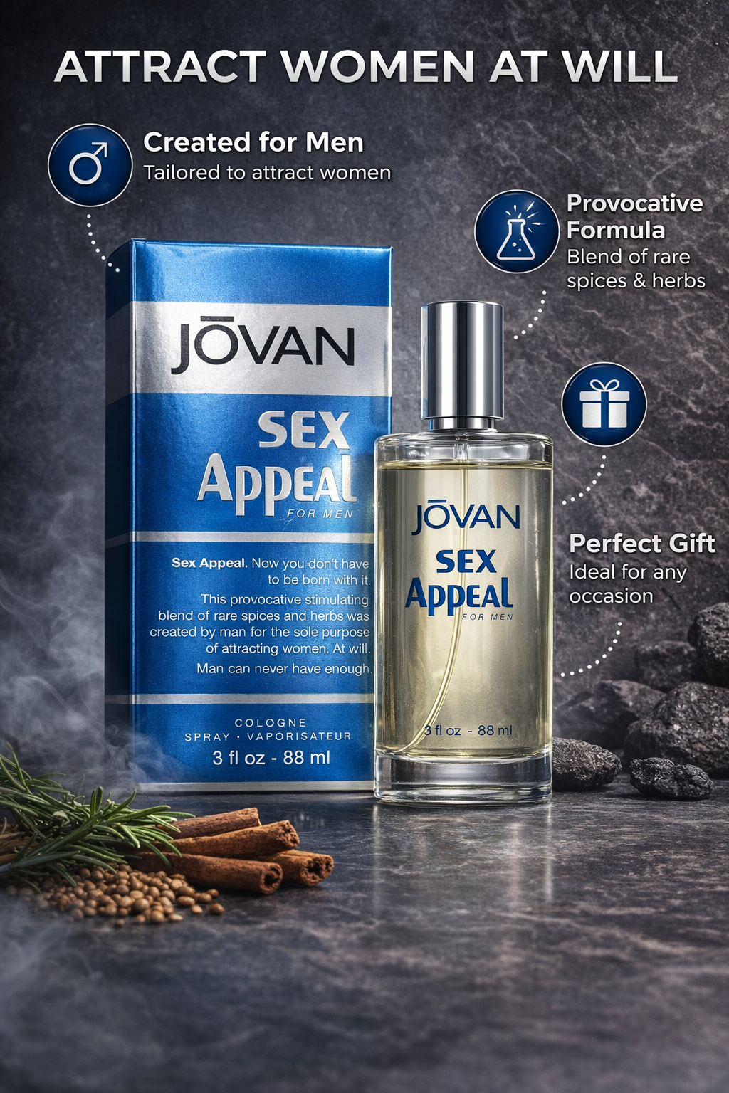 Jovan Sex Appeal Cologne Spray for Men 88ml – Long Lasting Spicy Masculine Fragrance | Classic Seductive Scent | Daily Wear & Night Use
