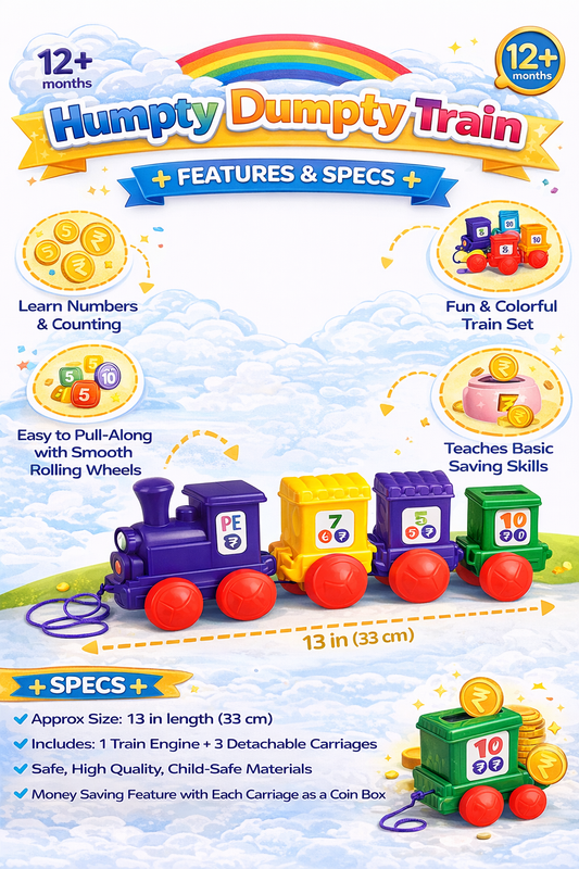 Humpty Dumpty Train Toy for Kids (12+ Months) – Pull Along Learning Train with Numbers, Coin Saving Piggy Bank, Detachable Carriages, Educational Toddler Toy