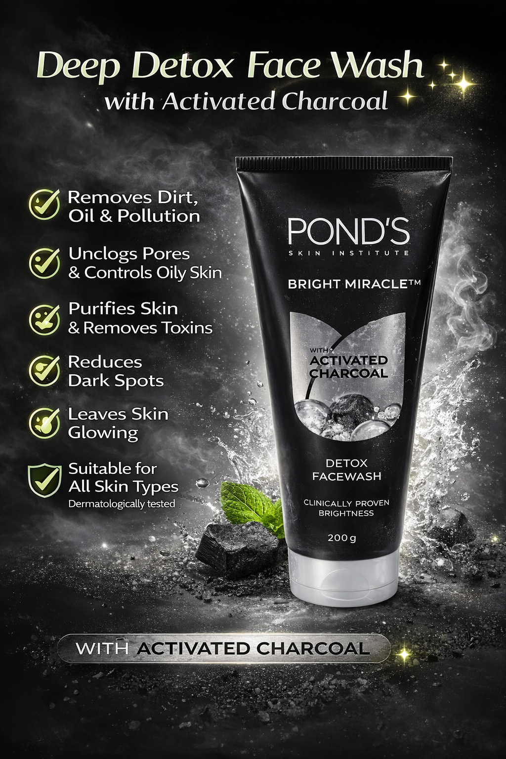 POND'S Bright Miracle Activated Charcoal Face Wash 200g | Deep Detox Face Wash for Oil Control, Dirt Removal & Glowing Skin
