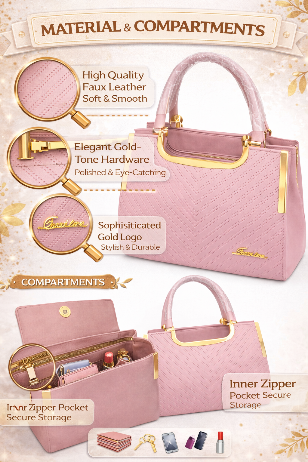 Women’s Pink Handbag, Premium Faux Leather Satchel with Gold-Tone Hardware, Quilted Designer Style Tote Bag with Zip Pocket for Office & Daily Use