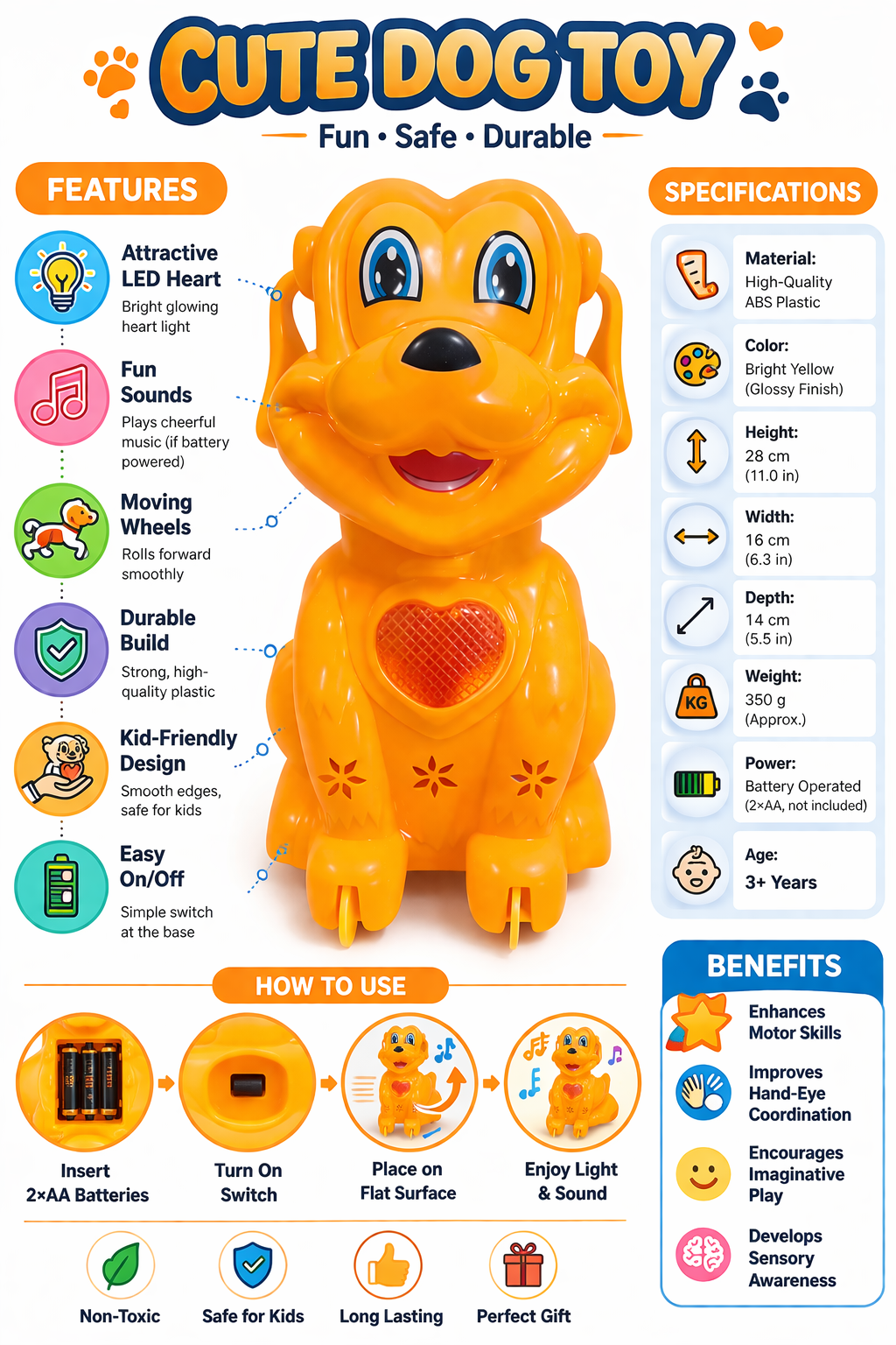 Cute Dog Toy for Kids with LED Light & Music, Battery Operated Moving Puppy Toy with Wheels, Interactive Musical Toy for Toddlers Boys & Girls (3+ Years)