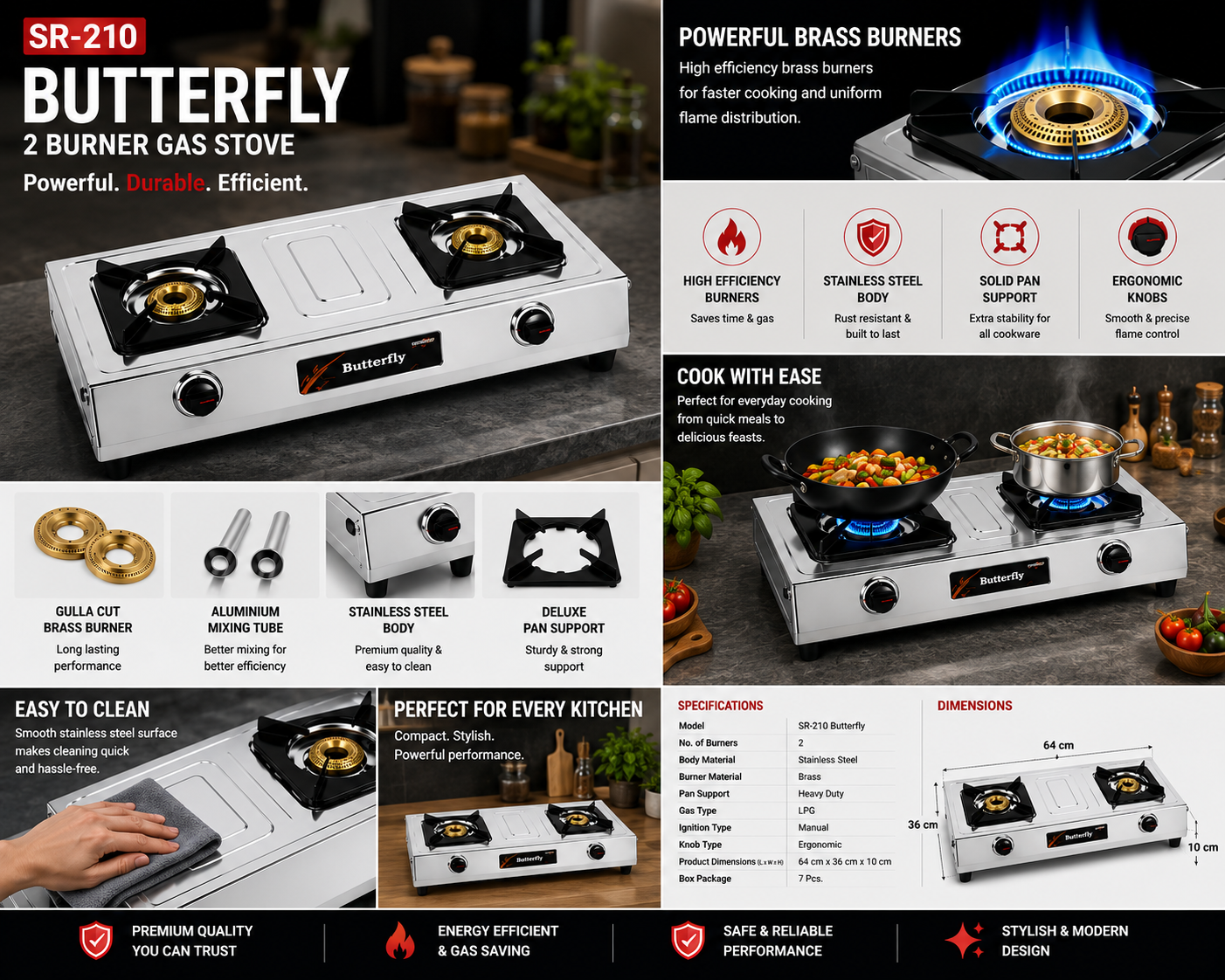 SR-210 Butterfly 2 Burner Gas Stove | Stainless Steel Body | Brass Burners | Heavy Duty Pan Support | Manual Ignition LPG Gas Stove | Silver