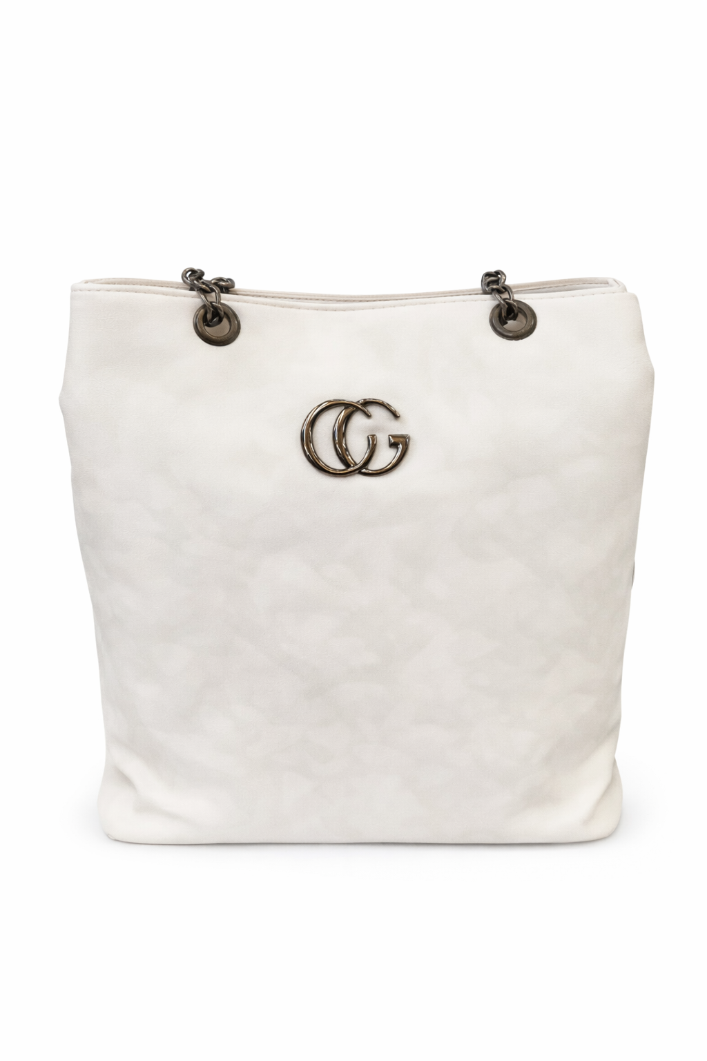 White Luxury Tote Bag for Women, Faux Leather Shoulder Handbag with Chain Handles, Inner Zip Pocket, Rear Zip Pocket