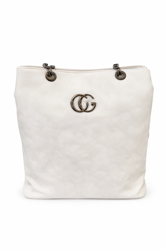 White Luxury Tote Bag for Women, Faux Leather Shoulder Handbag with Chain Handles, Inner Zip Pocket, Rear Zip Pocket