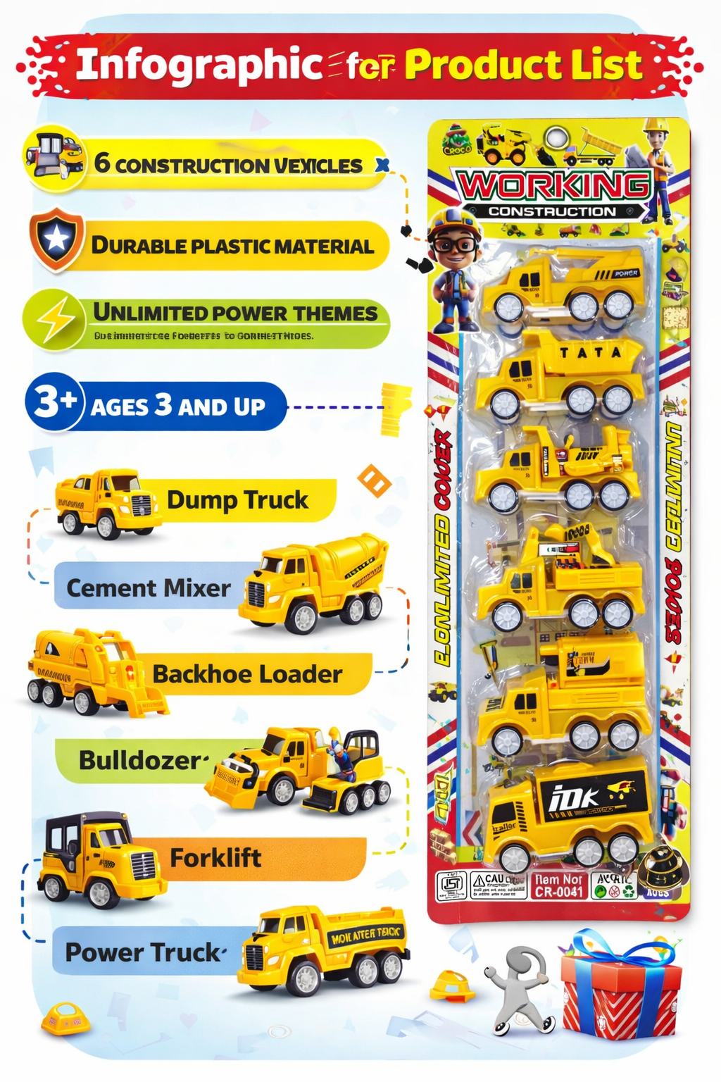 Construction Vehicle Toy Set for Kids (Pack of 6), Mini Construction Trucks – Dump Truck, Cement Mixer, Bulldozer, Forklift, Backhoe Loader & More (Ages 3+)
