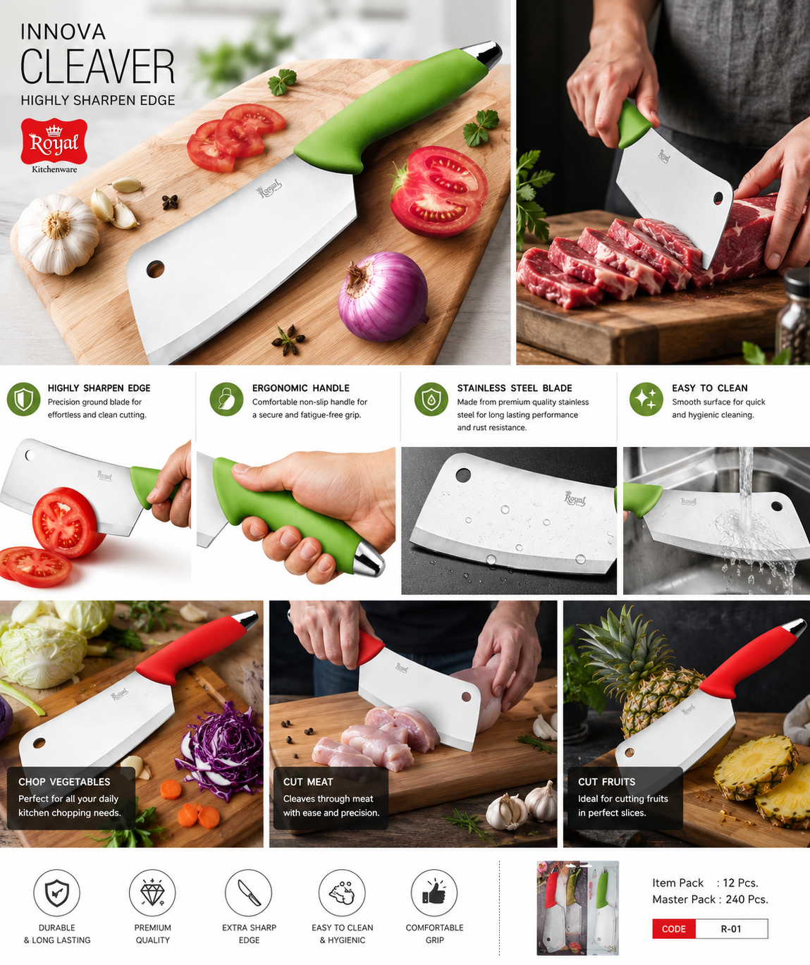 Royal Innova Cleaver Knife | Stainless Steel Meat Cleaver with Soft Grip Handle | Sharp Kitchen Chopper for Meat, Fish, Vegetables & Fruits | Multipurpose Kitchen Cleaver R-01