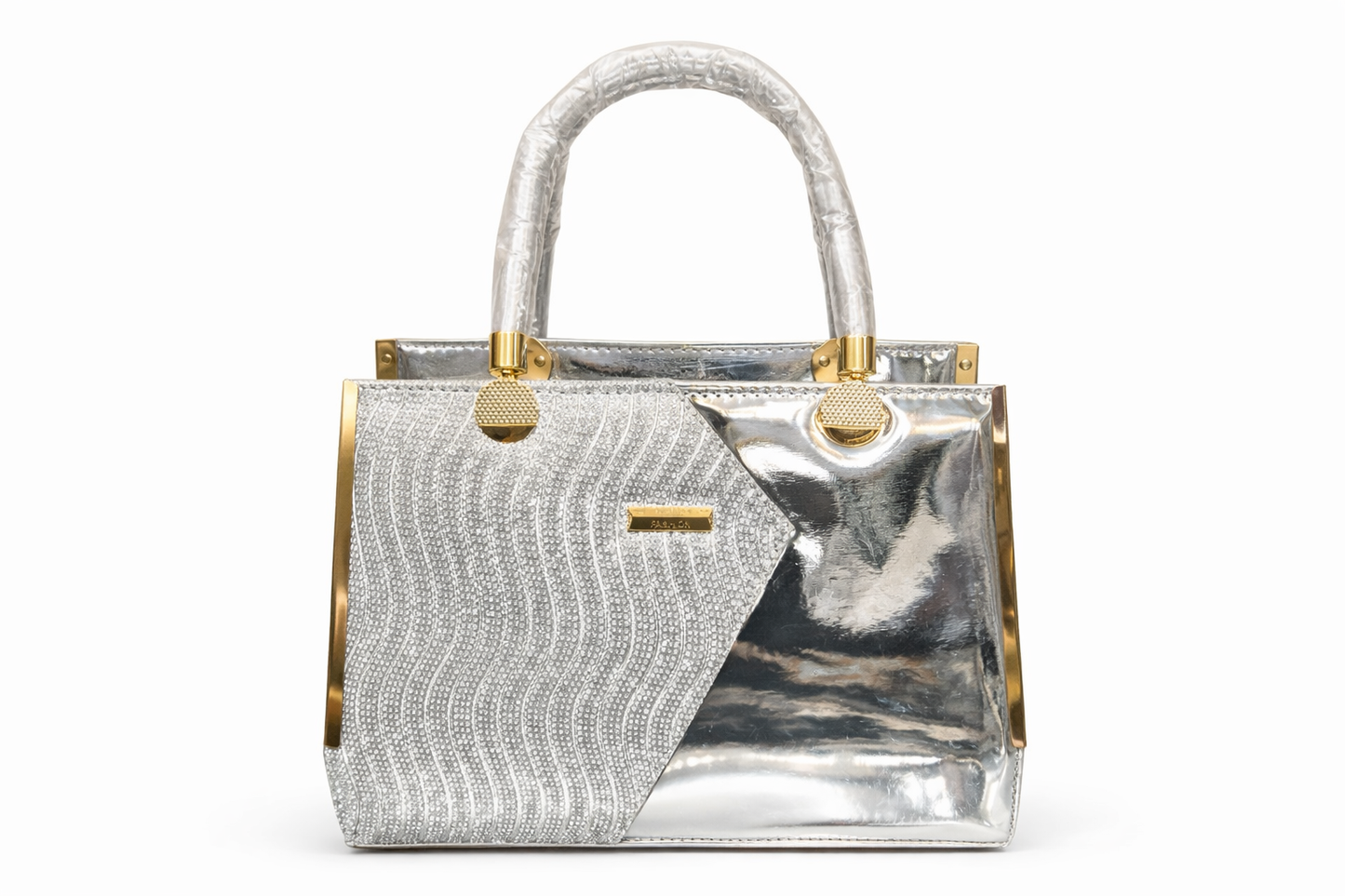 Premium Silver Dual Tone Handbag for Women | Metallic PU Leather Top Handle Purse with Gold Hardware