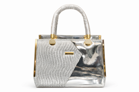Premium Silver Dual Tone Handbag for Women | Metallic PU Leather Top Handle Purse with Gold Hardware