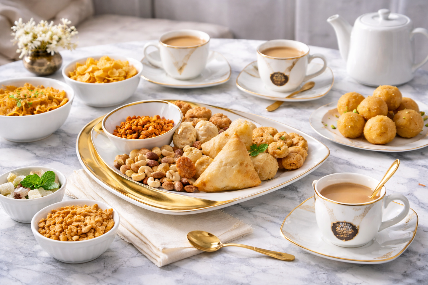 Premium Porcelain Tea Cup Set with Plate (7 Pieces) – 6 Coffee Cups (180 ml) + 8 Inch Dessert Plate | Gold Rim Luxury Tea Set | Gift Set for Home, Office & Festivals
