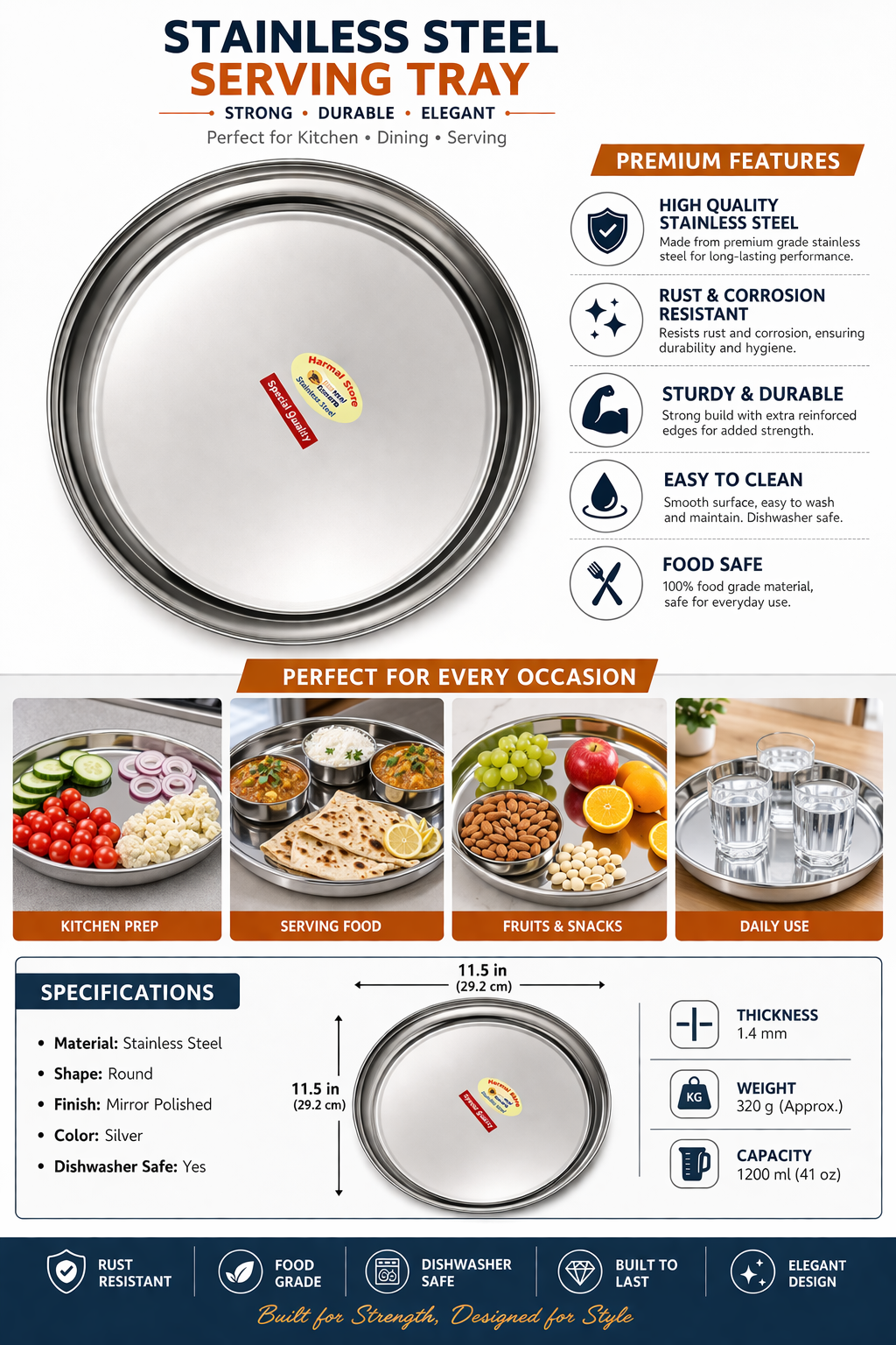 Stainless Steel Serving Tray 11.5 Inch – Round Food Grade Serving Plate, Rust-Resistant, Mirror Finish, Heavy Duty Kitchen & Dining Tray