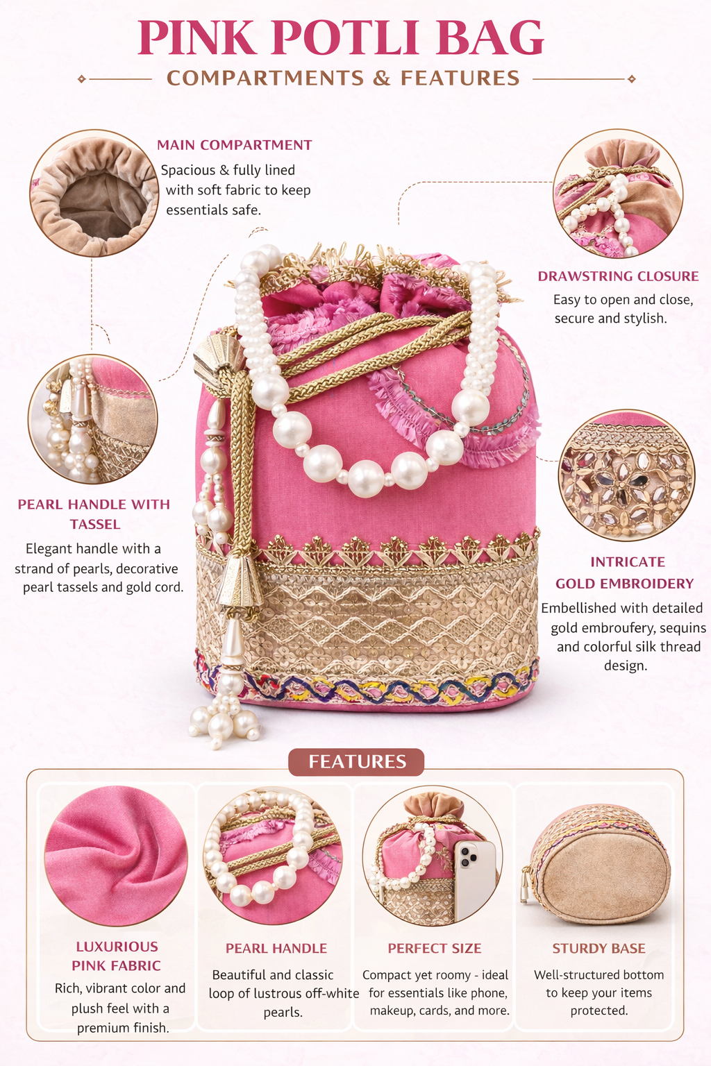Pink Potli Bag for Women, Embroidered Drawstring Ethnic Clutch Purse with Pearl Handle and Tassels