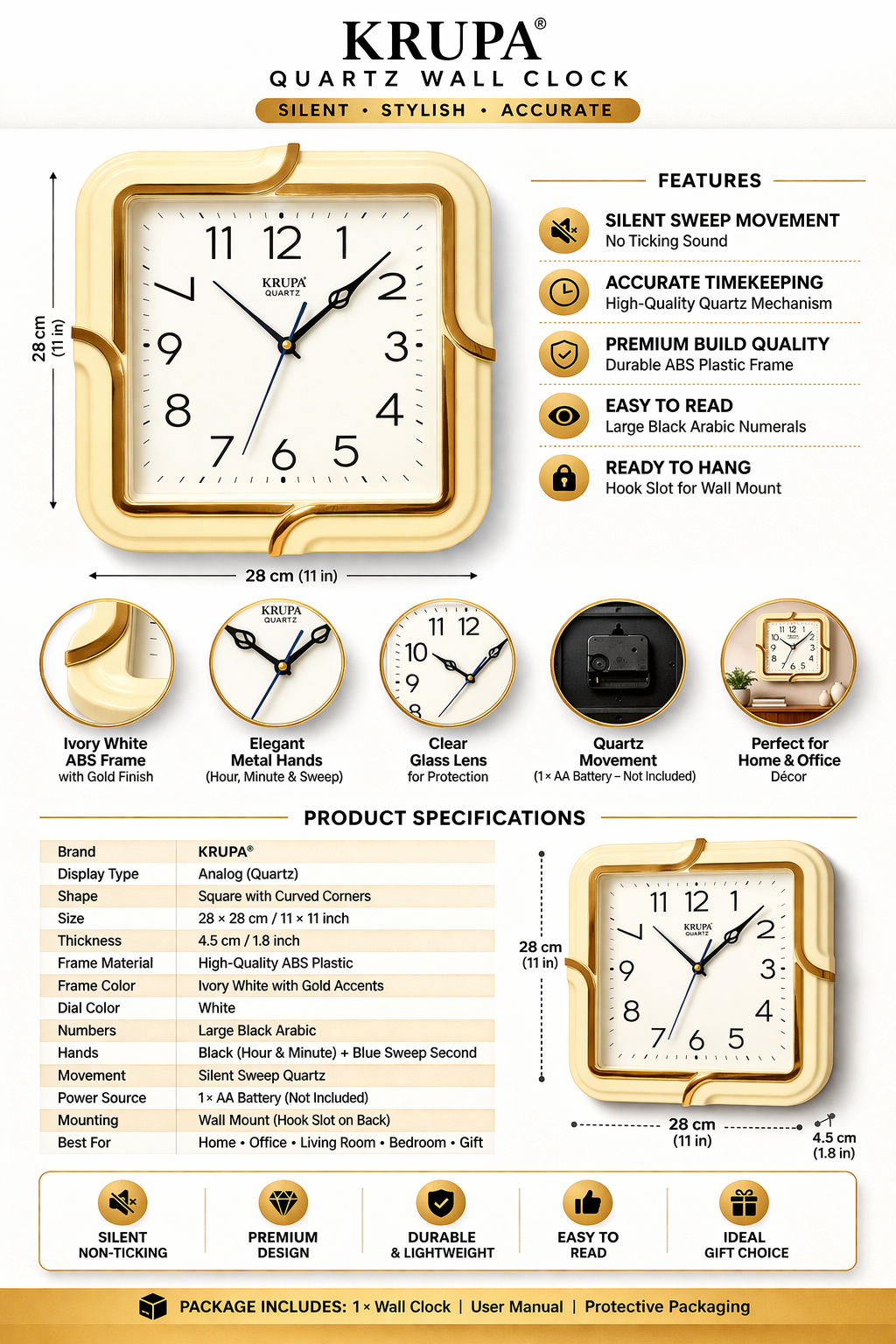 KRUPA Quartz Wall Clock 11 Inch (28 cm) | Silent Sweep, No Ticking