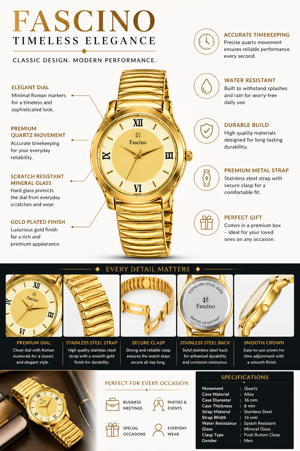 Fresono Men’s Chronograph Analog Watch | Gold Stainless Steel Strap | Quartz Movement |