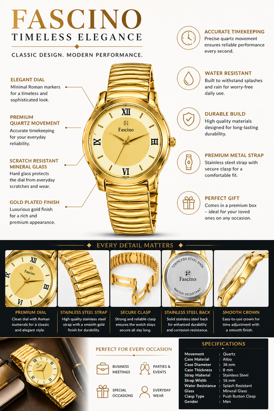 Fresono Men’s Chronograph Analog Watch | Gold Stainless Steel Strap | Quartz Movement |