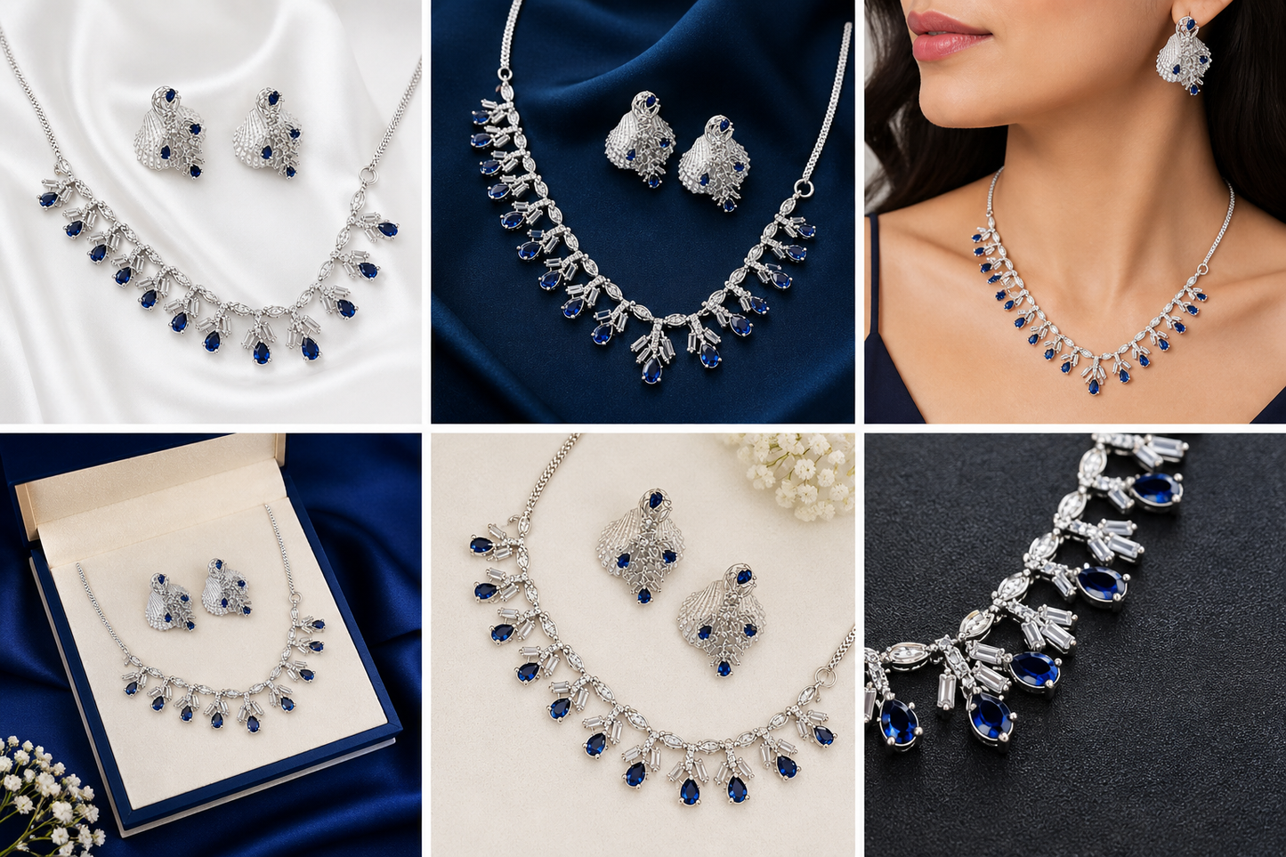 Brilliant blue stones paired with clear baguette cubic zirconia for exceptional sparkle.