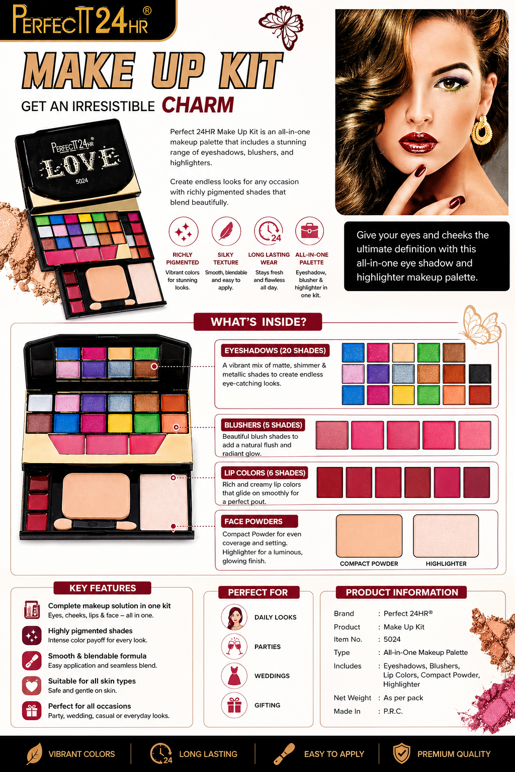 Harmal Store Perfect 24HR All-in-One Makeup Kit (Item No: 5024) – Professional Makeup Palette with 20 Eyeshadows, 5 Blushers, 6 Lip Colors, Compact Powder, and Highlighter