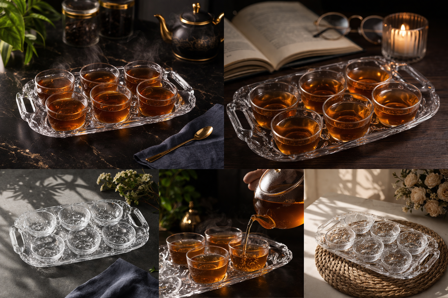 Transparent Premium Tea Serving Set with Handles | Lightweight, Durable & Easy to Clean | Perfect for Guests, Home & Office