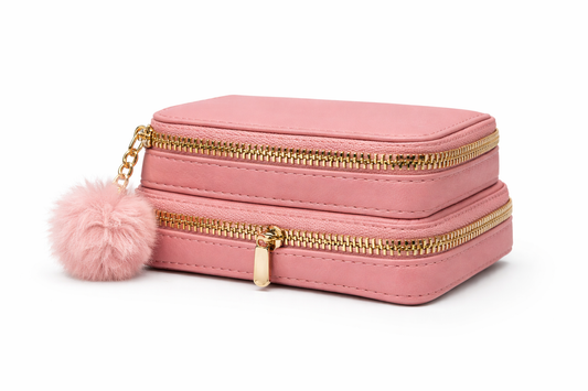 Pink Quilted Pouch for Women, Faux Leather Cosmetic Purse with Zipper Pocket, Pom Pom Charm
