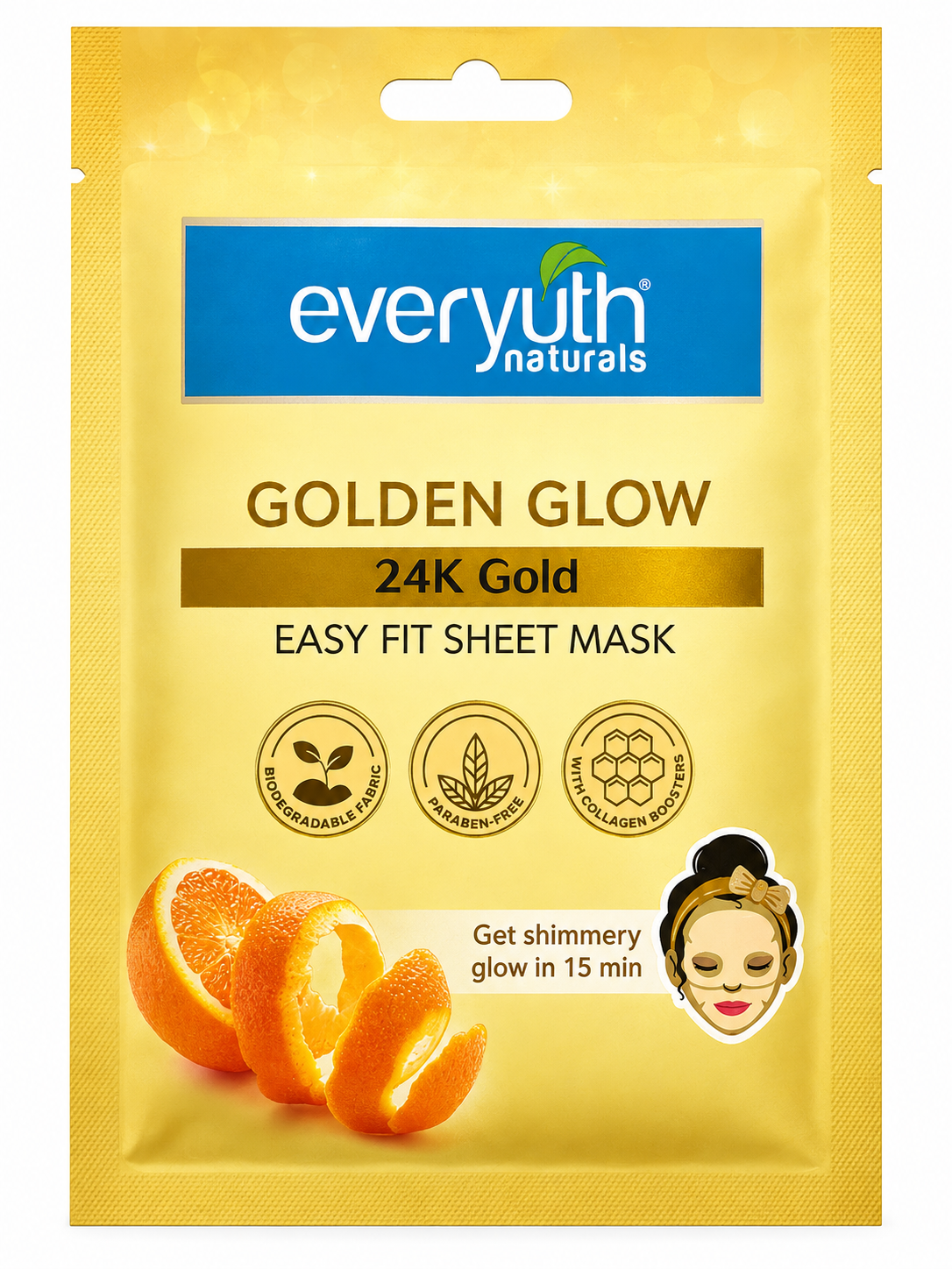 Everyuth Naturals Golden Glow 24K Gold Easy Fit Sheet Mask, 25ml, Biodegradable Sheet Mask with Orange Peel Extract & Collagen Boosters, Hydrating & Brightening Face Mask for All Skin Types