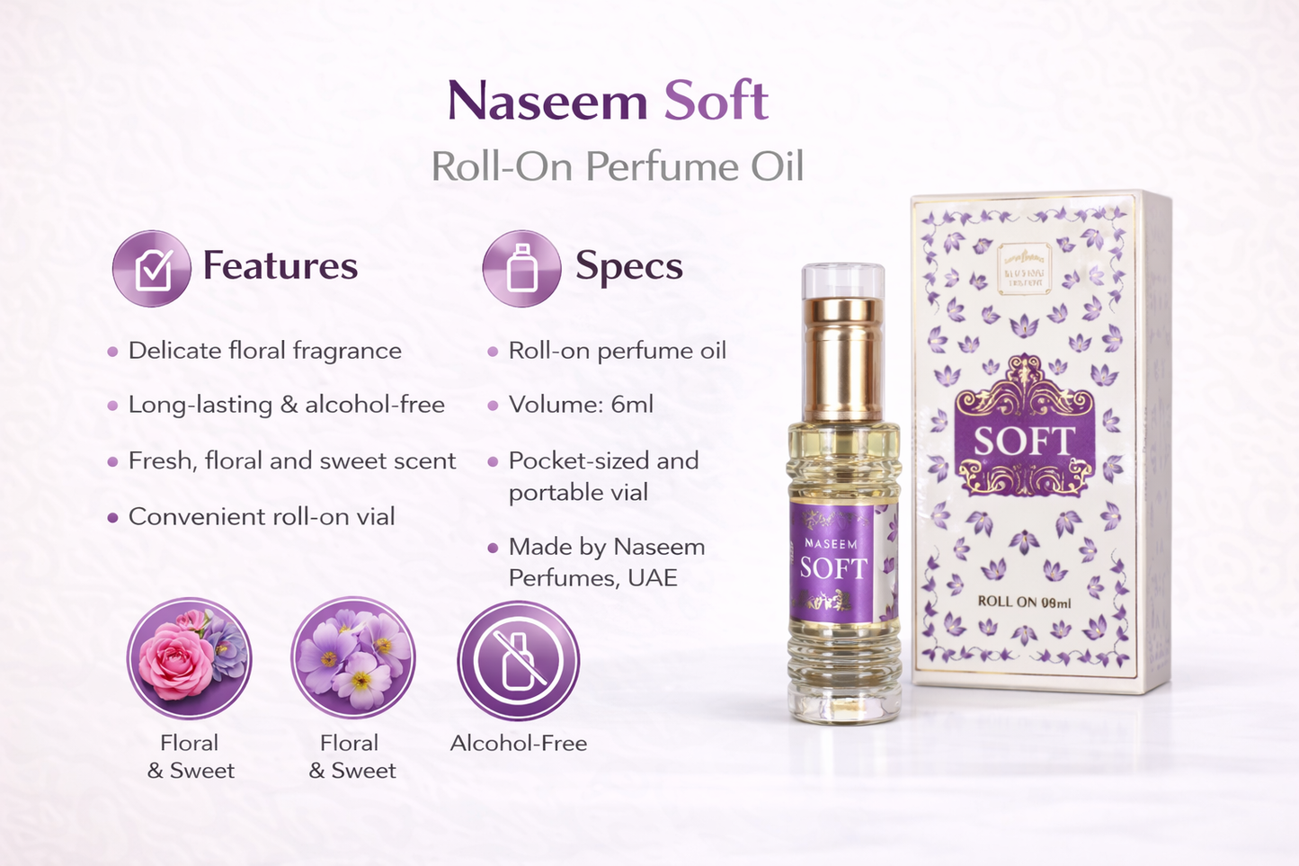 Naseem Soft Attar Roll On Perfume Oil 6ml – Alcohol-Free Long Lasting Floral & Sweet Fragrance for Women