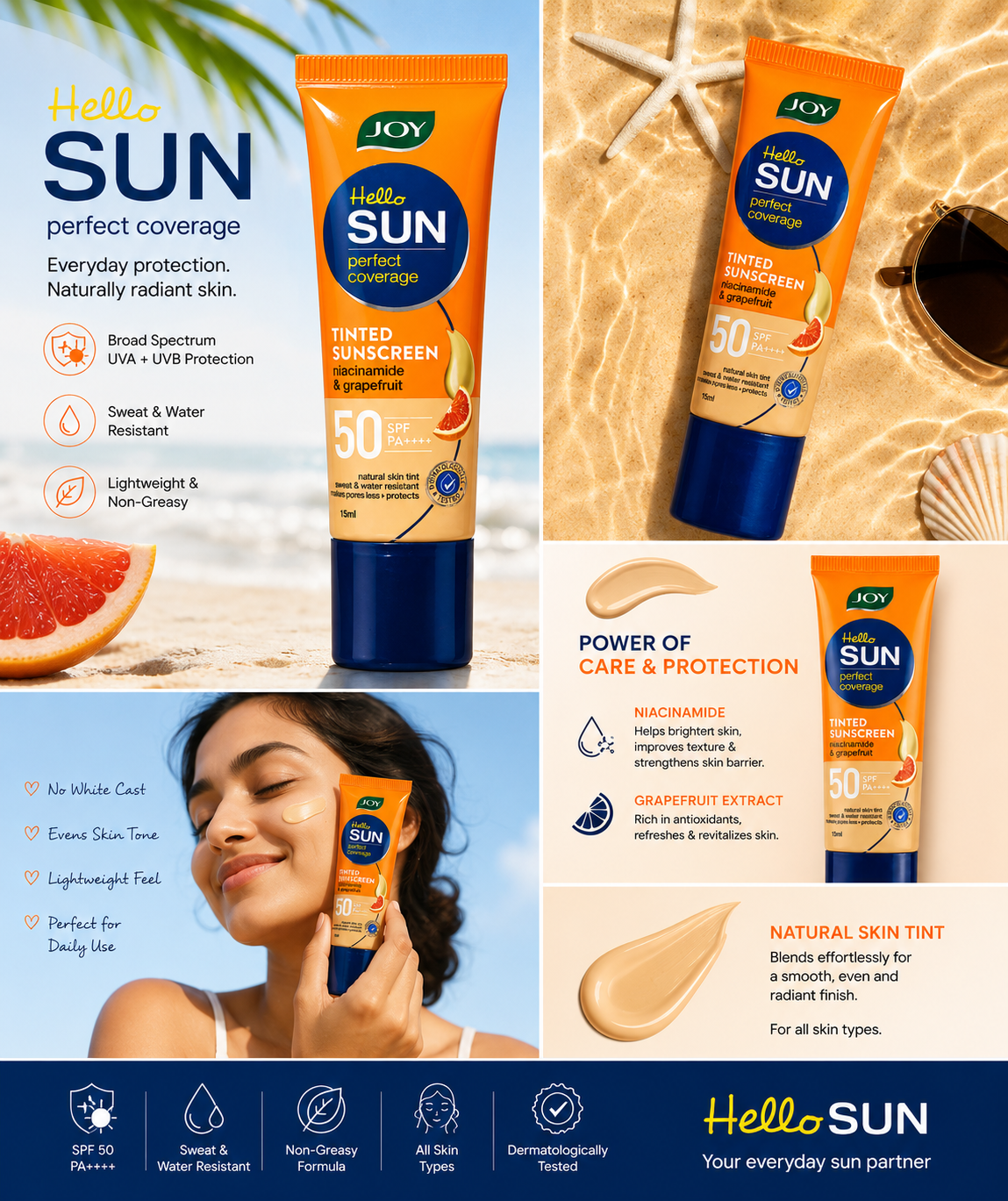 Joy Hello Sun Tinted Sunscreen SPF 50 PA++++ with Niacinamide & Grapefruit | Broad Spectrum UVA/UVB Protection | Sweat & Water Resistant | Lightweight Non-Greasy Formula | Natural Skin Tint | 15 ml