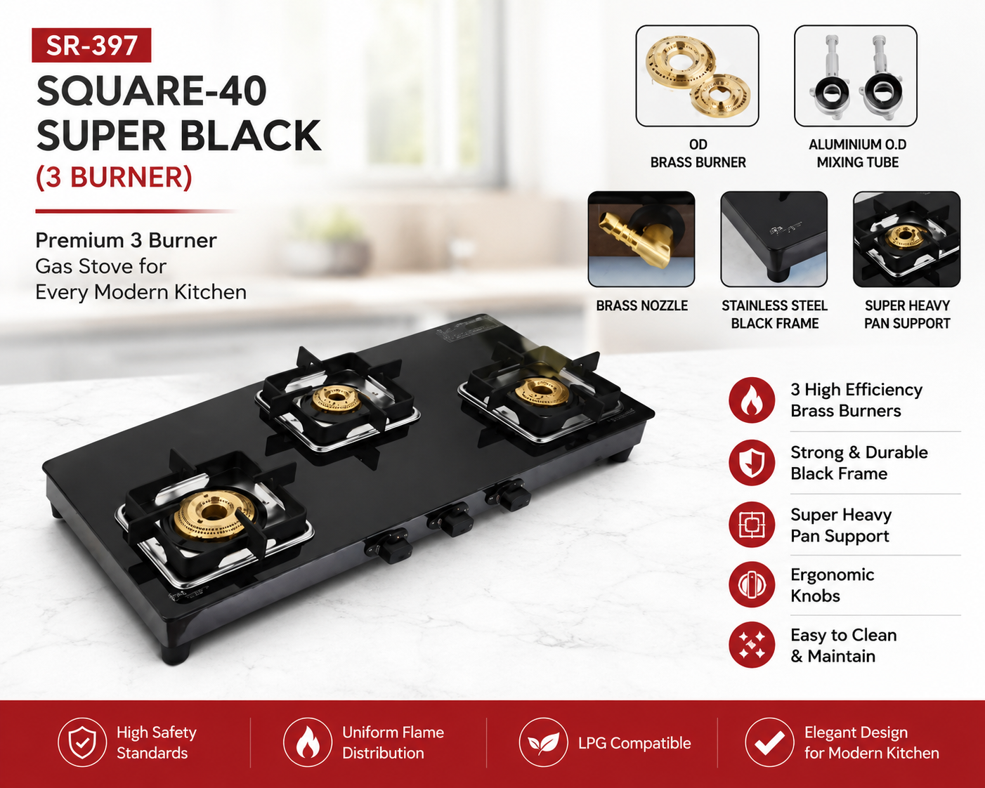 SR-397 Square-40 Super Black 3 Burner Gas Stove | Toughened Glass Top | Brass Burners | Stainless Steel Black Frame | Heavy Duty Pan Support | Manual Ignition LPG Gas Stove