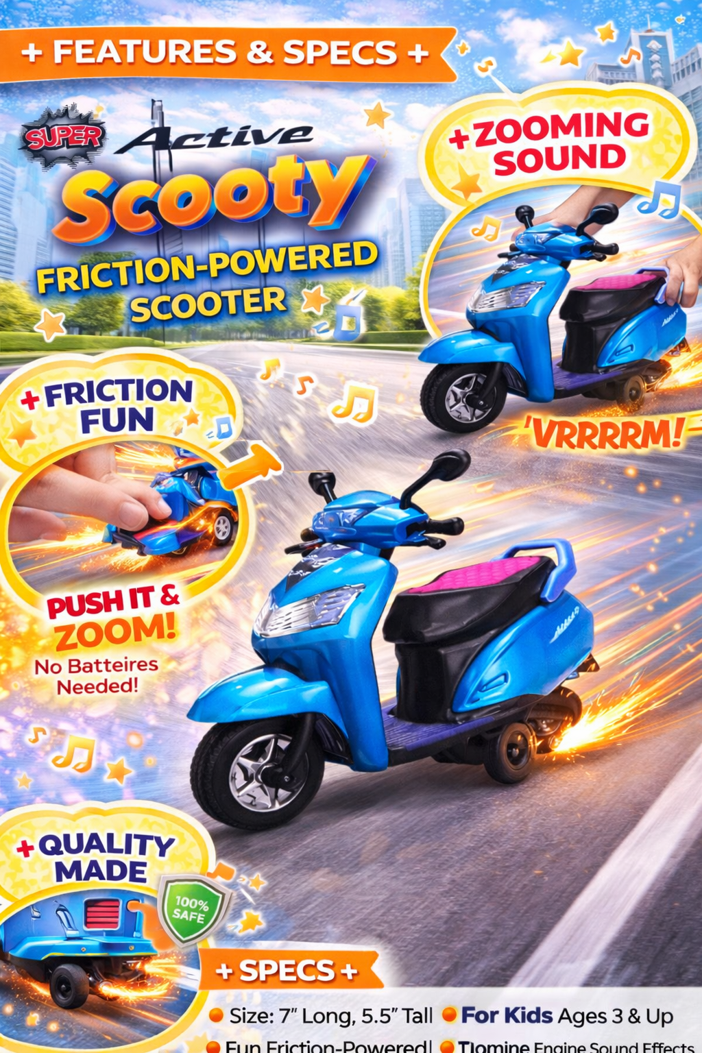 Friction Powered Toy Scooter for Kids (3+ Years) – Push & Go Scooty Bike with Sound Effects, No Battery Toy, Mini Motorcycle Toy for Boys & Girls