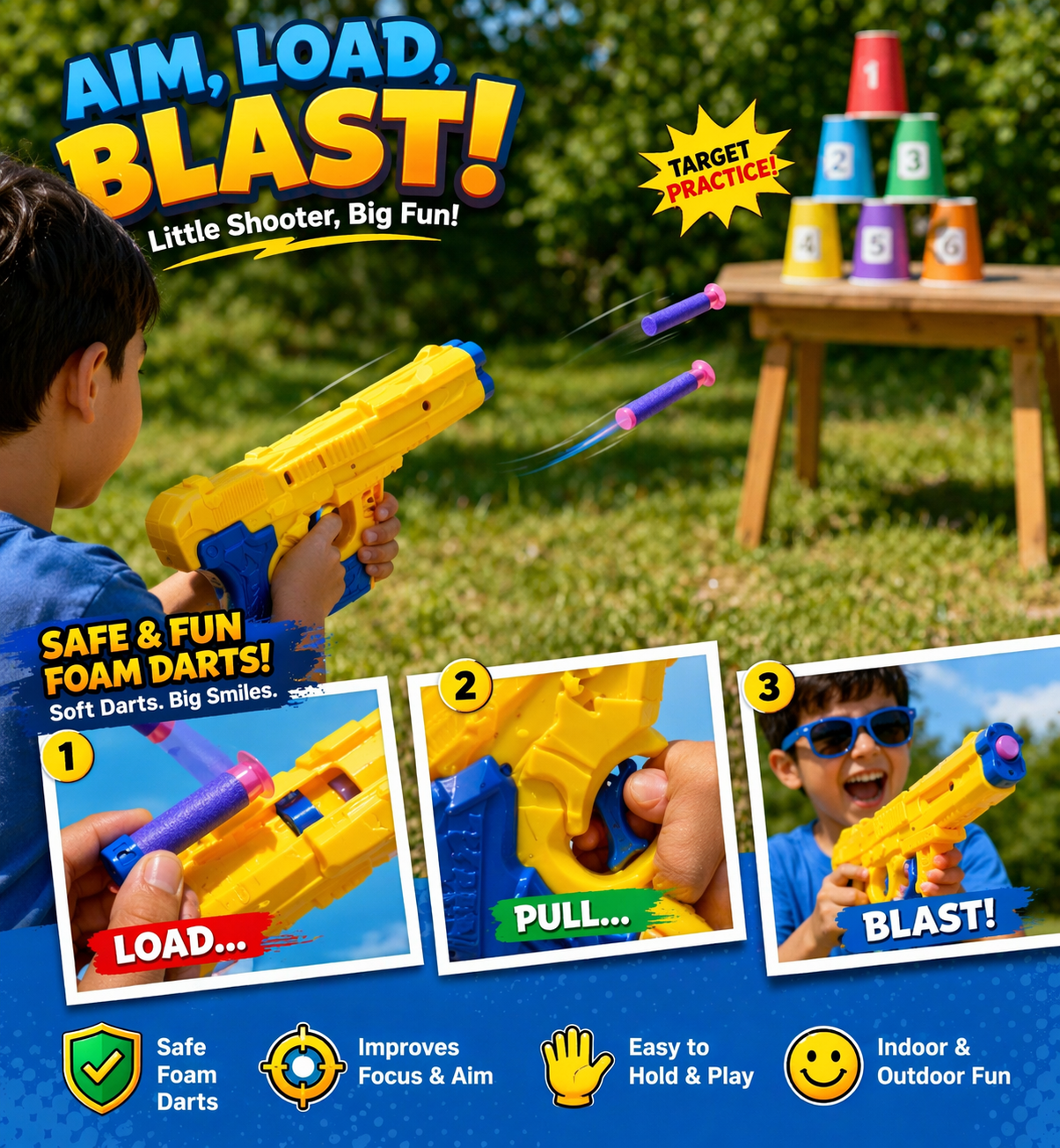 Foam Dart Toy Gun for Kids, Safe Soft Bullet Blaster with Easy Load Mechanism, Long Range Shooting up to 25 Feet, Lightweight Grip Toy Gun with Foam Darts (3+ Years)