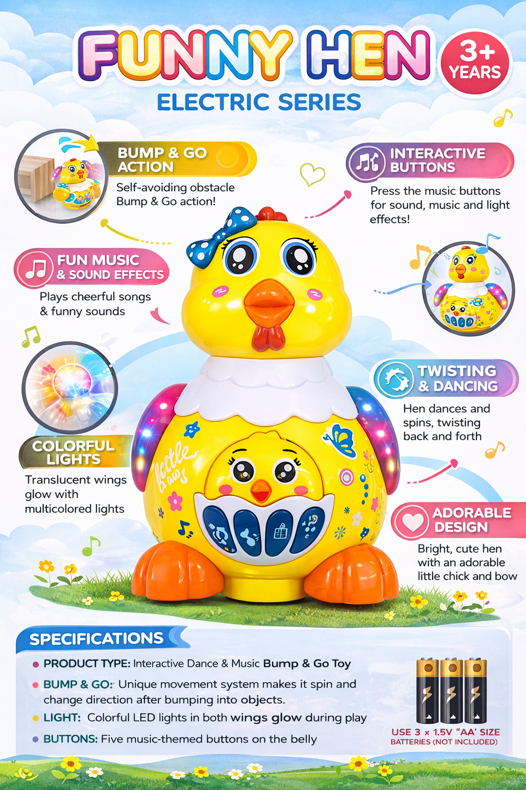 Funny Hen Electric Toy for Kids, Musical Dancing Chicken with Lights, Bump and Go Action, Interactive Buttons and Sound Effects for Ages 3+