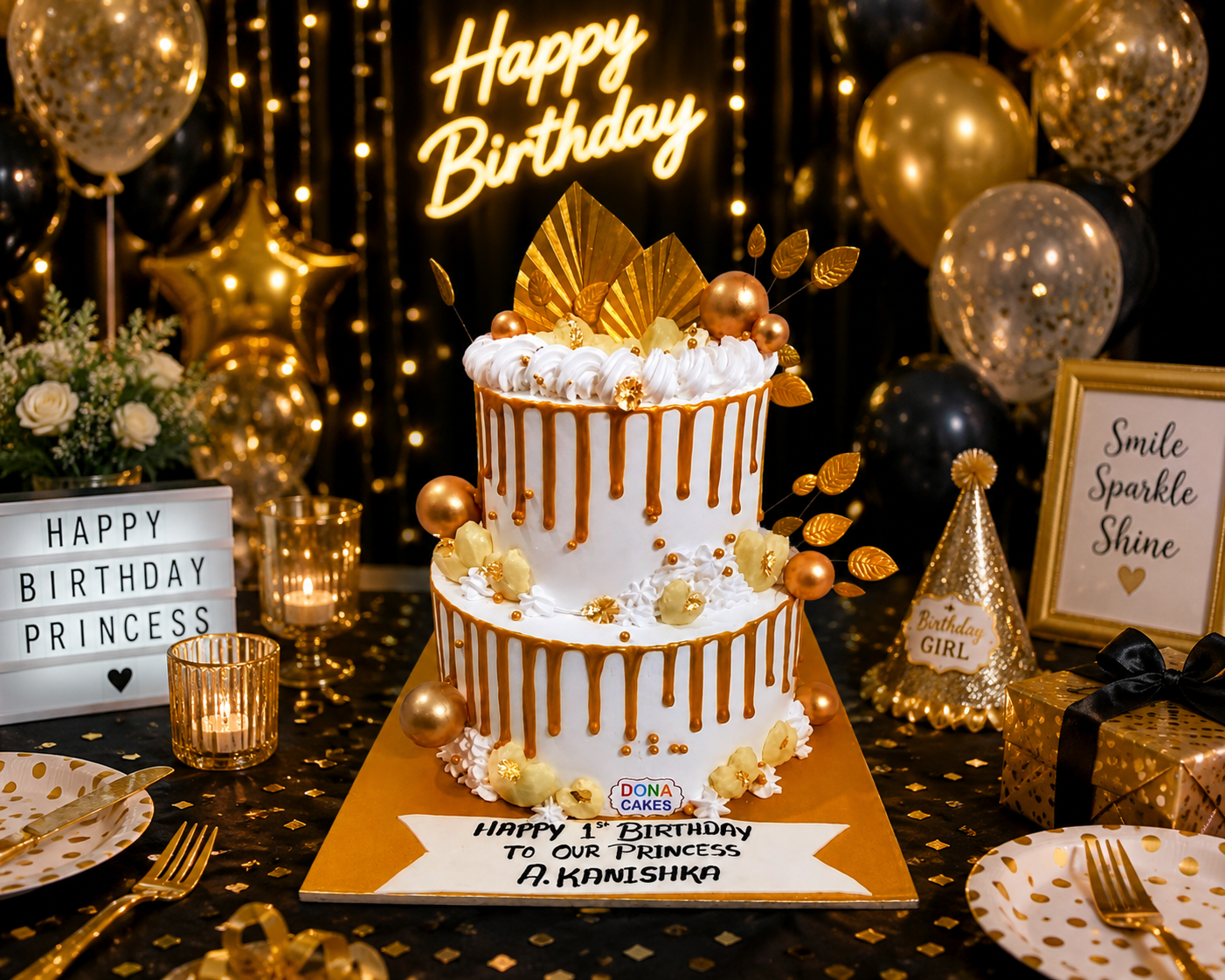 Premium 2 Tier Birthday Cake 2 Kg | White & Gold Luxury Designer Cake | Custom Celebration Cake | Anniversary, Engagement & Baby Shower Cake | Personalized Party Cake