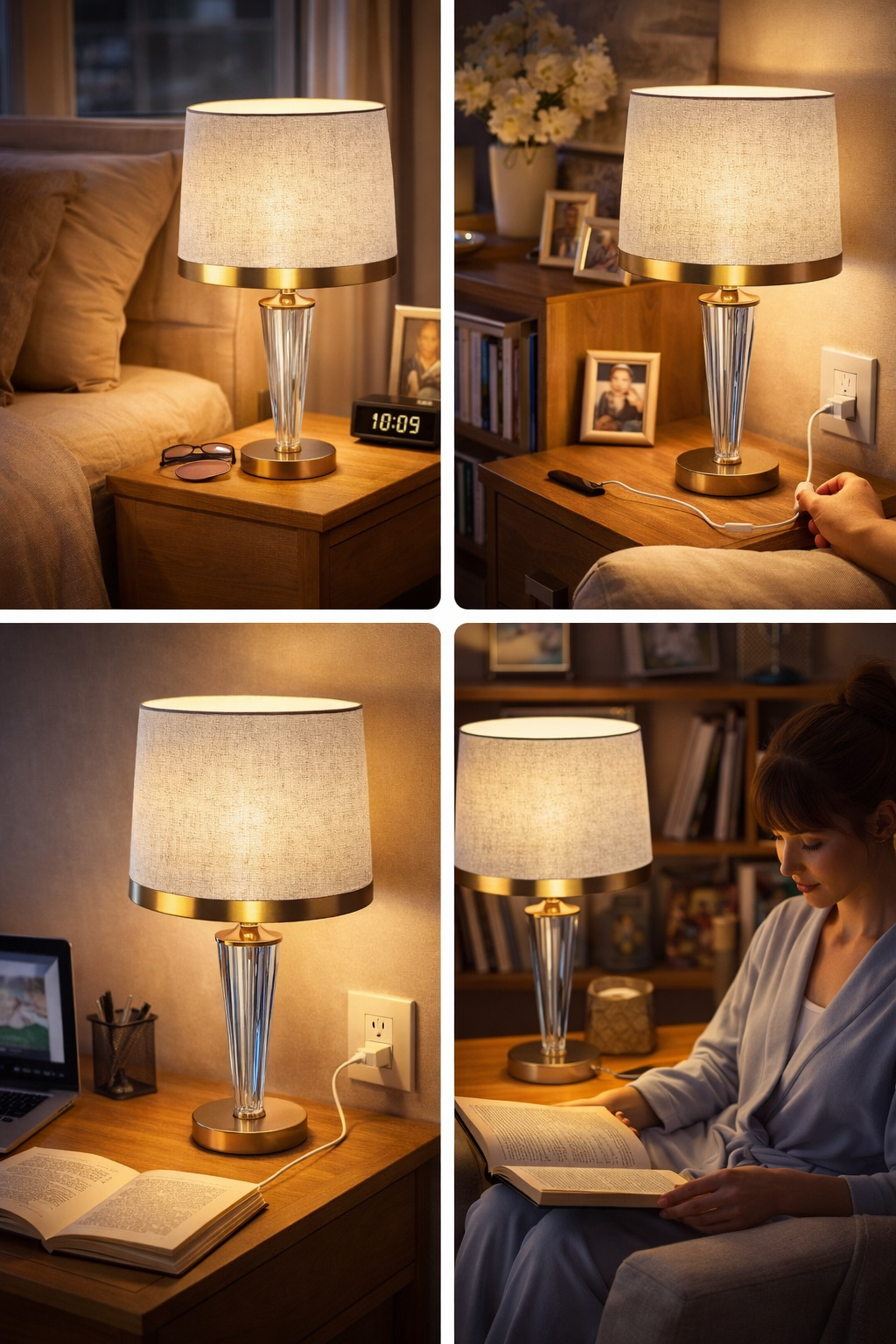 Modern Table Lamp with Fabric Shade & Crystal Base | Bedside Lamp for Bedroom, Living Room & Office