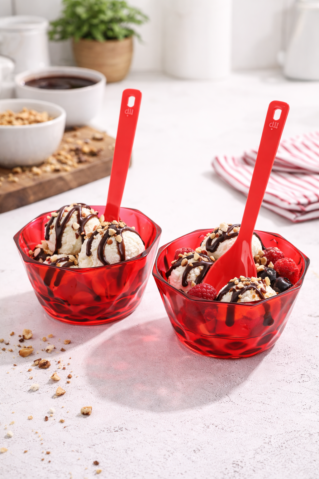 Red Translucent Bowl & Spoon Set (2-Piece) – Stylish Octagonal Plastic Snack & Dessert Bowls with Spoons