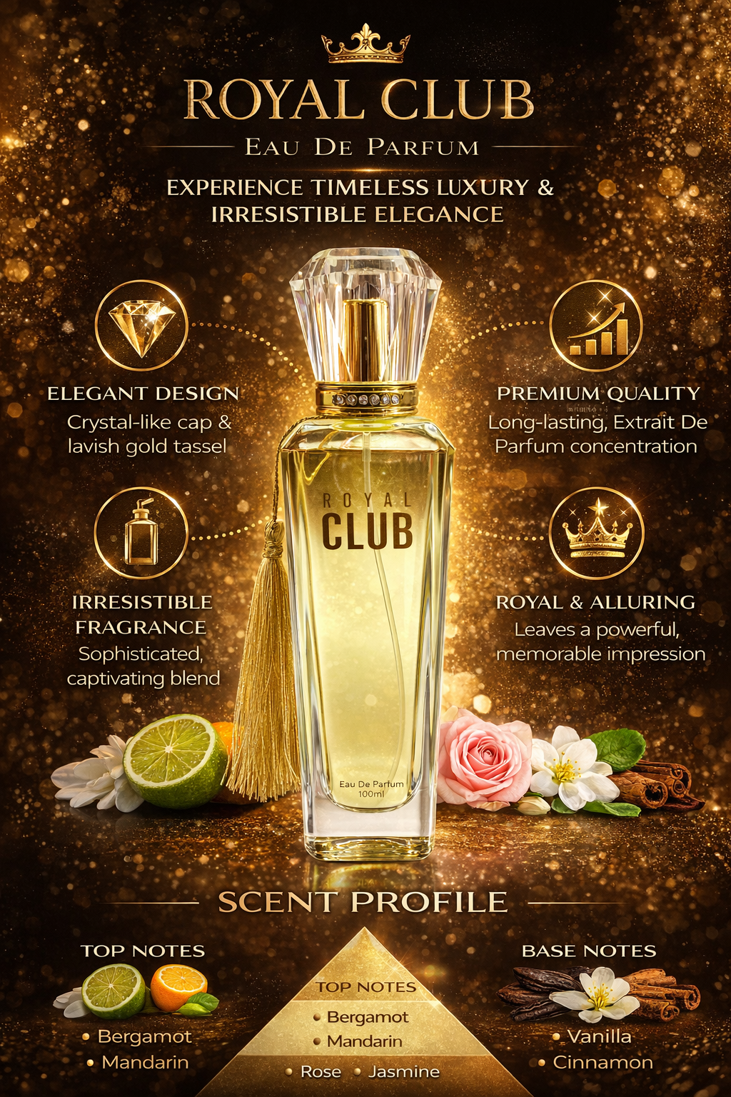 Royal Club Eau De Parfum 100ml – Long Lasting Luxury Perfume | Citrus Floral Woody Fragrance | Premium Elegant Scent for Men & Women