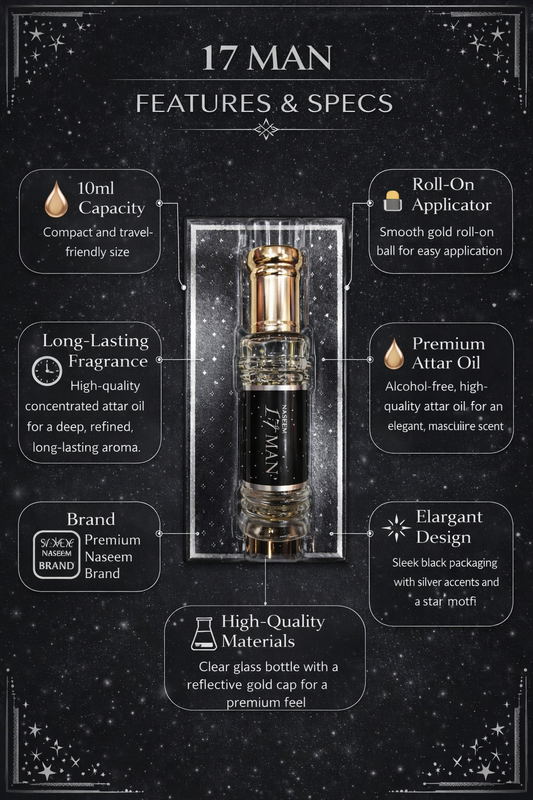 17 Man Attar Roll On Perfume Oil 10ml – Alcohol-Free Long Lasting Masculine Fragrance for Men – Premium Naseem Ittar with Roll-On Applicator – Travel Size Luxury Perfume Oil