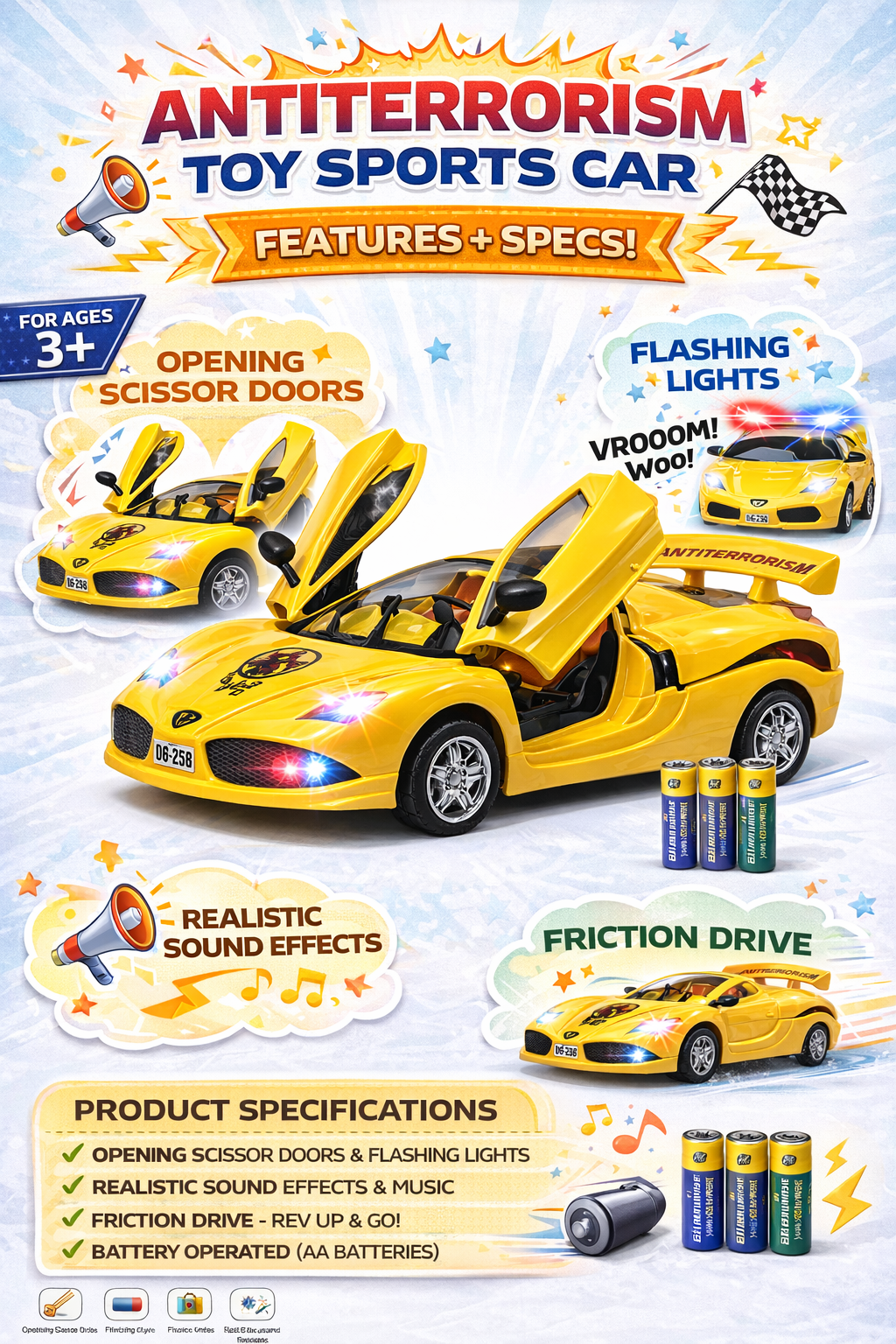 Kids Sports Car Toy with Lights & Sound – Friction Powered Racing Car with Scissor Doors – Musical Toy Vehicle for Boys & Girls (3+ Years)