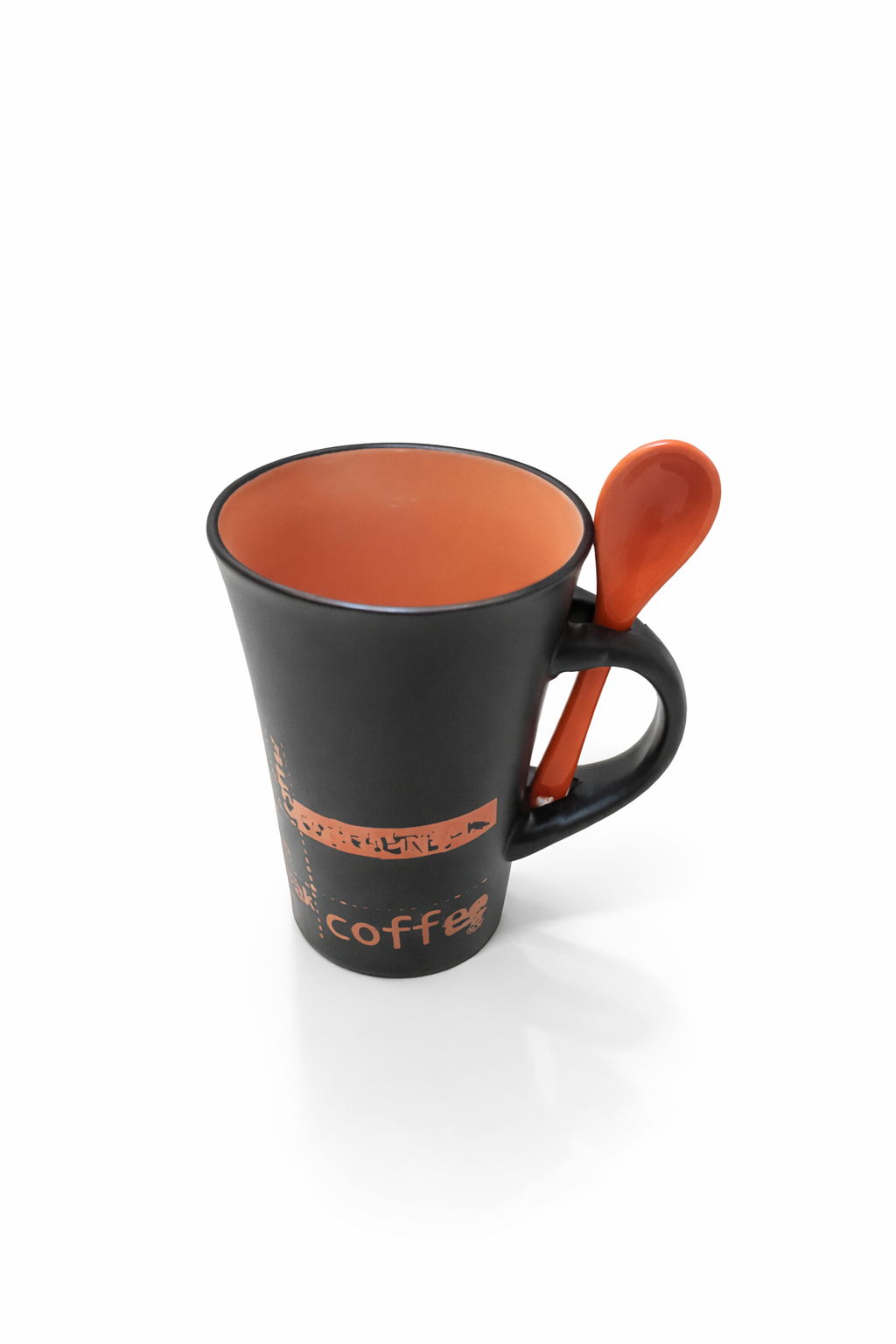 Ceramic Coffee Mug with Spoon | Matte Black Coffee Cup with Burnt Orange Interior