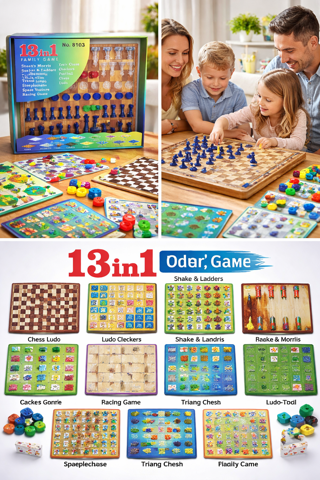 13 in 1 Family Board Game Set for Kids & Adults, Chess Ludo Snake Ladder Checkers Tic Tac Toe Game Combo, Indoor Strategy Games Kit with Pieces, Dice & Storage Box