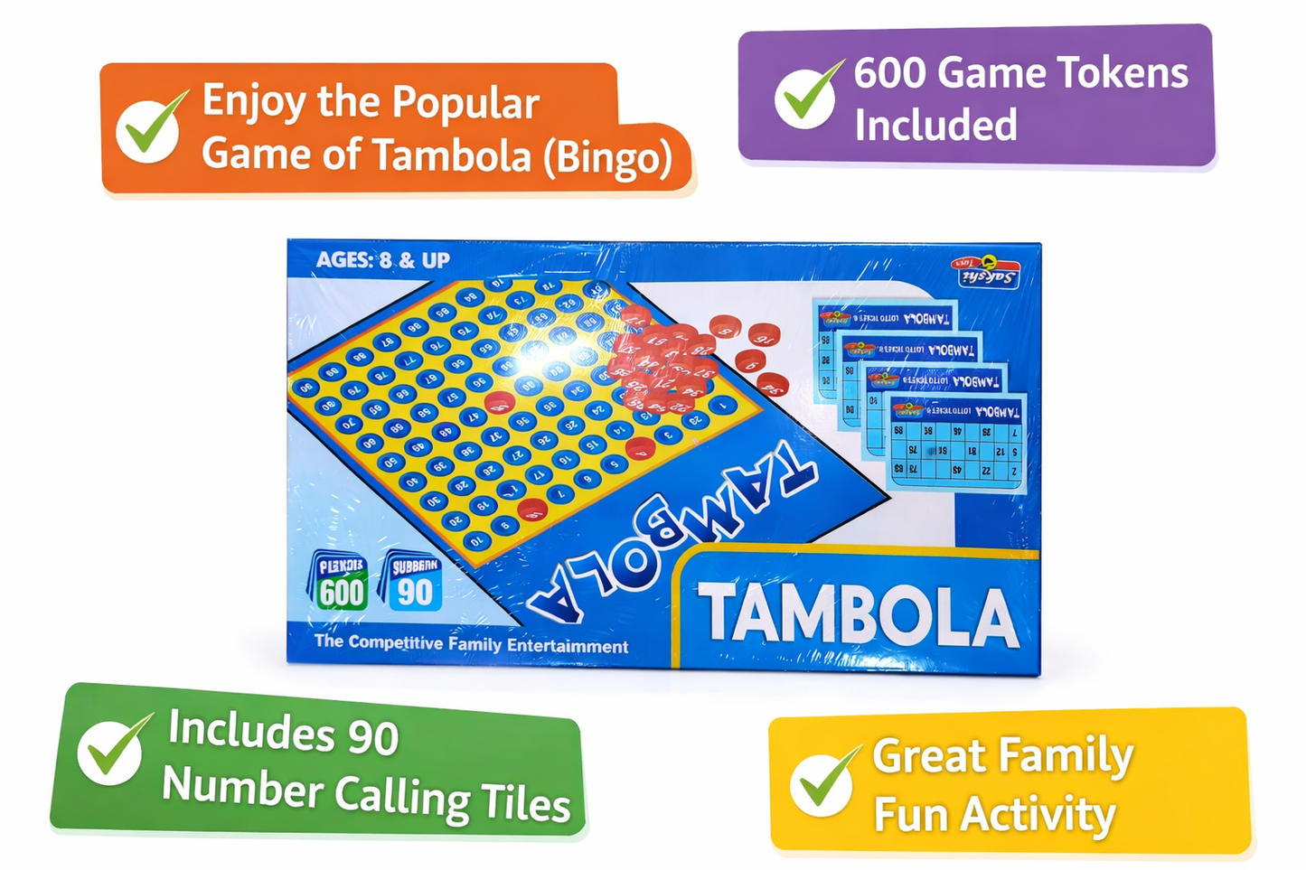 Tambola Game Set (Bingo / Housie) with 600 Tokens & 90 Number Tiles | Family Party Game for Kids & Adults | Indoor Board Game