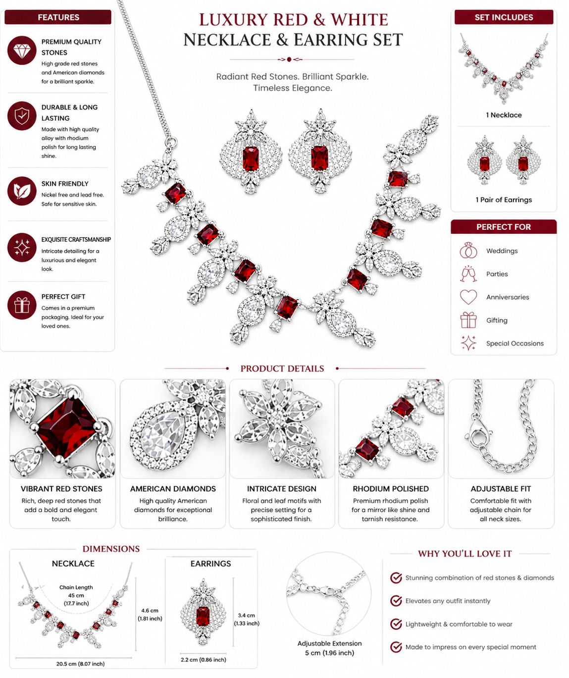 Vibrant Red Stones: Rich, deep red stones that add a bold and elegant touch.