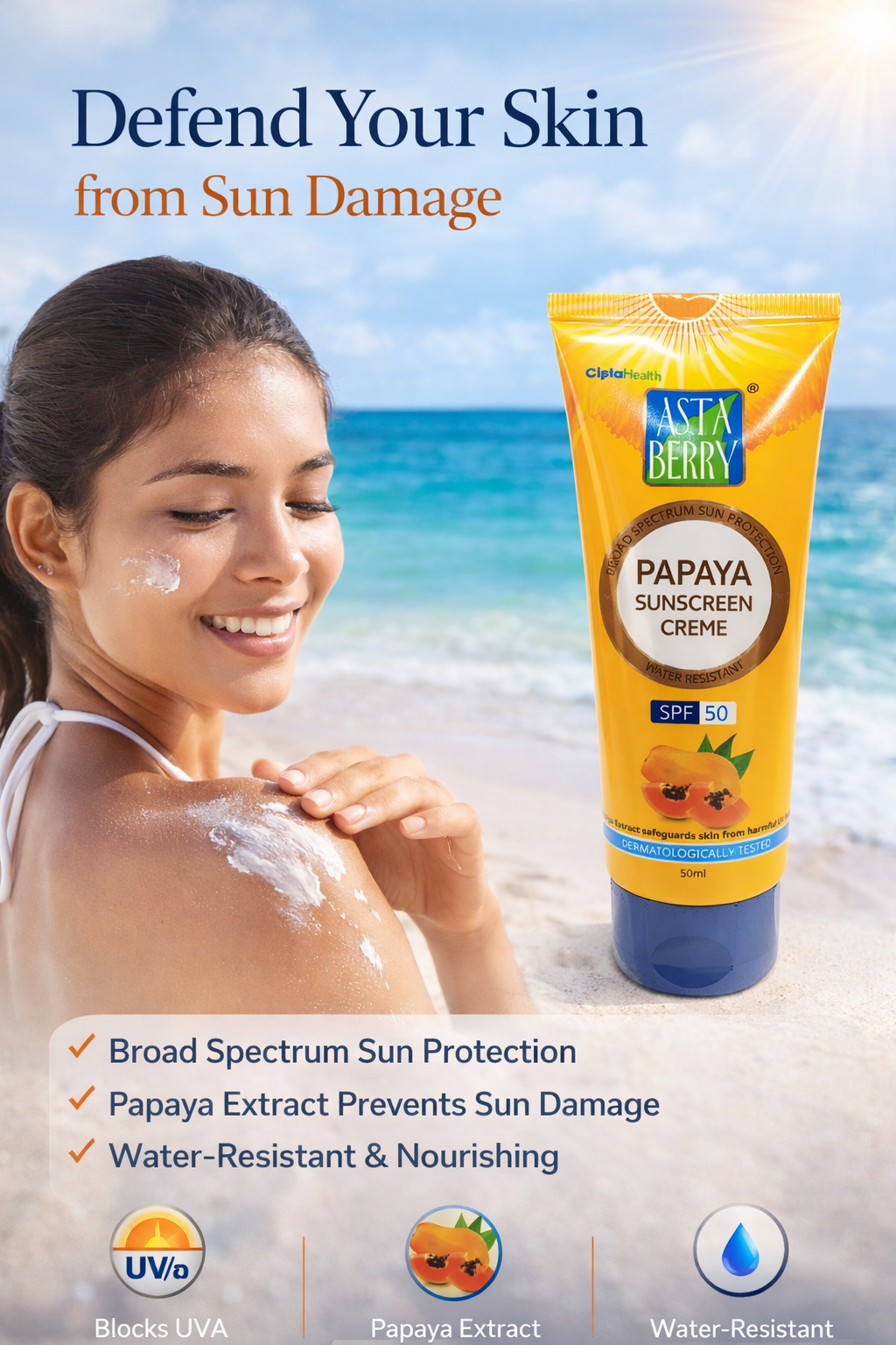 Asta Berry Papaya Sunscreen Cream SPF 50, Broad Spectrum UVA/UVB Protection, Water-Resistant Nourishing Sunscreen with Papaya Extract