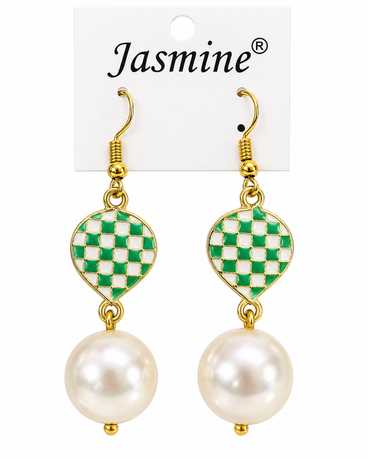 Jasmine Pearl Drop Earrings for Women, Green & White Enamel Gold Tone Dangle Earrings, Lightweight Fish Hook Earrings