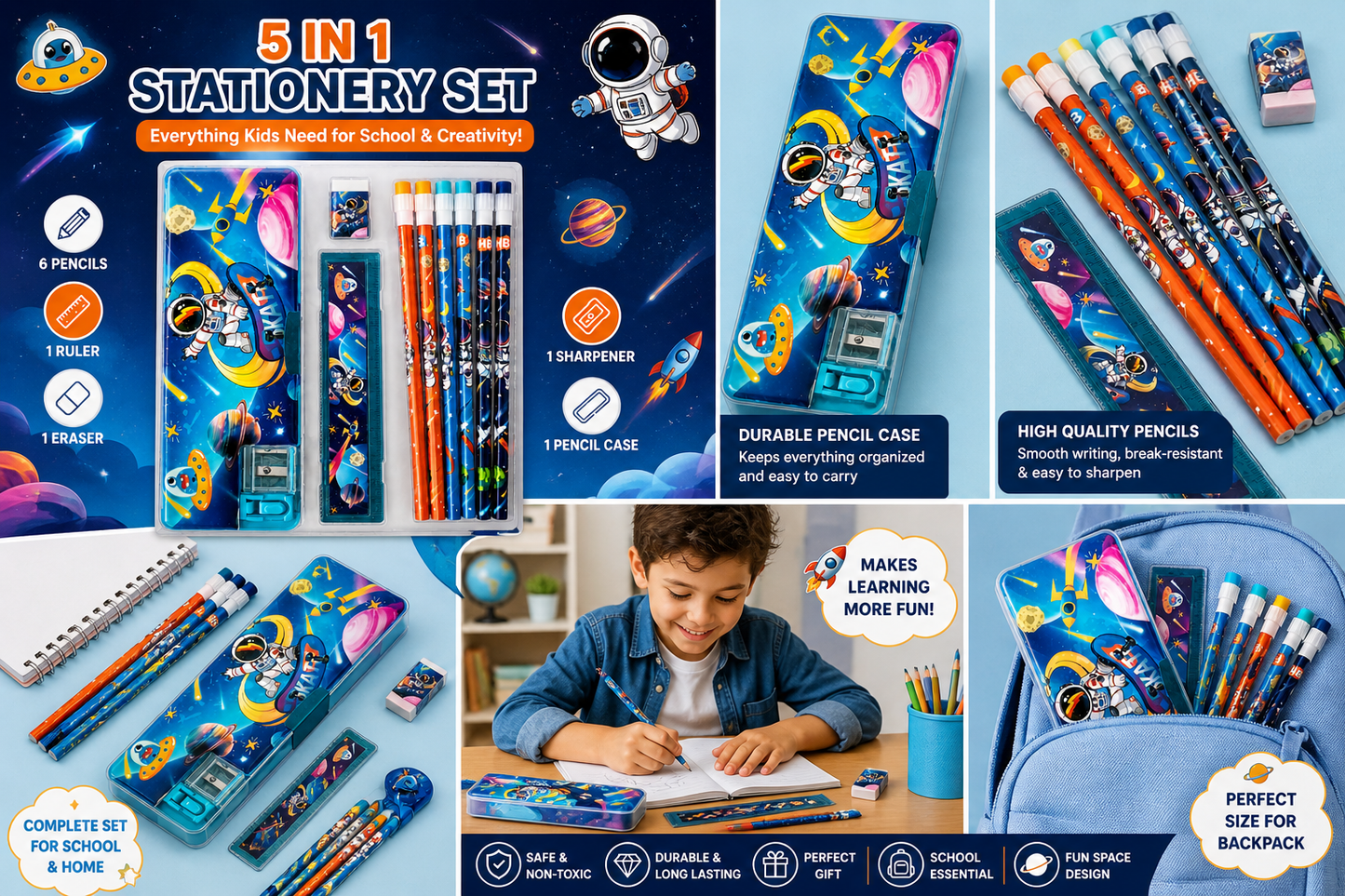 Space Adventure 12-Piece Stationery Set for Kids – Includes Astronaut Pencil Case, HB Pencils, 15cm Ruler, Eraser & Built-in Sharpener – Perfect Back to School Gift for Boys & Girls