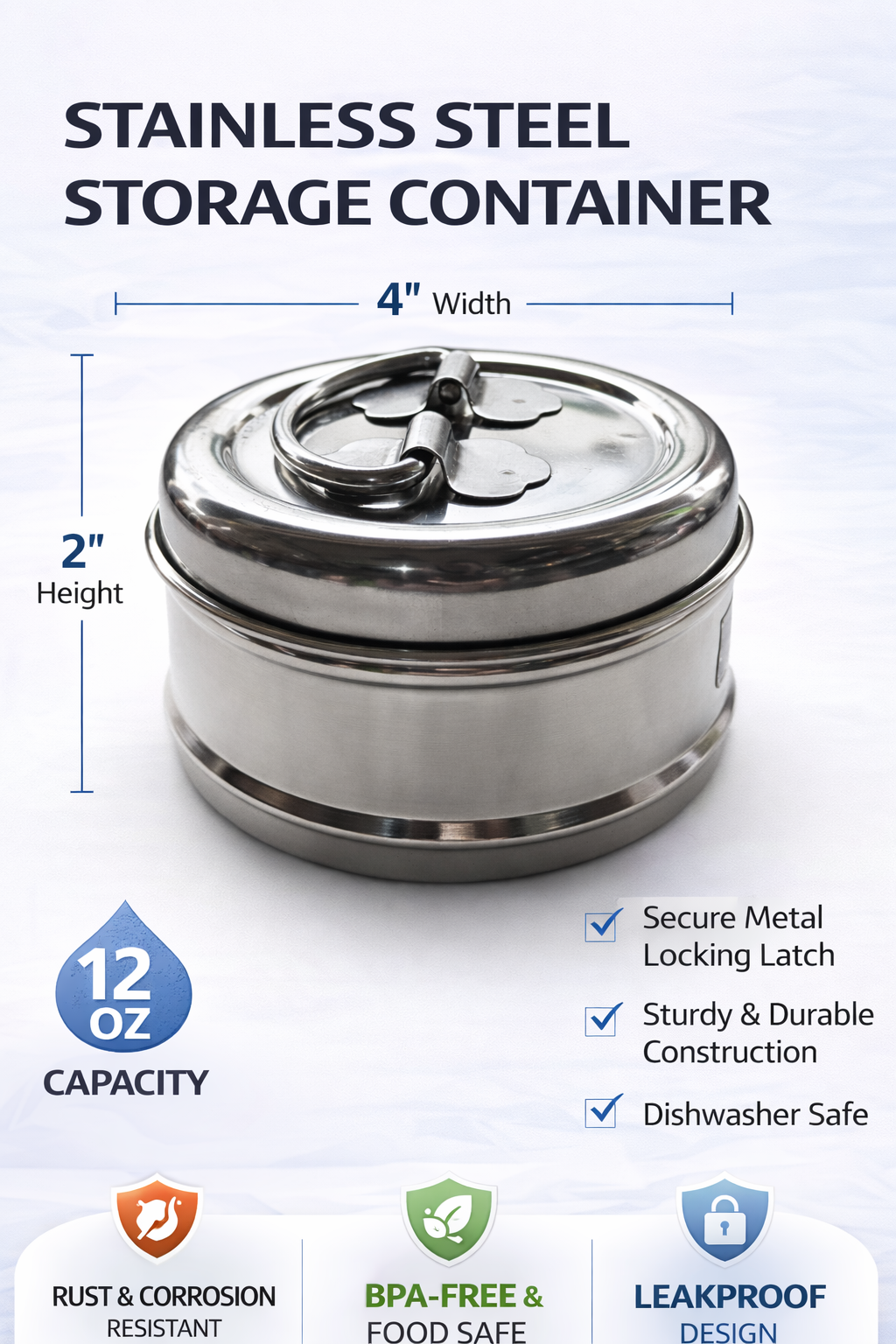 Stainless Steel Storage Container with Locking Lid, 12 oz Leakproof Food Container, BPA-Free Durable Lunch Box, Rust & Corrosion Resistant, Dishwasher Safe Small Snack Container
