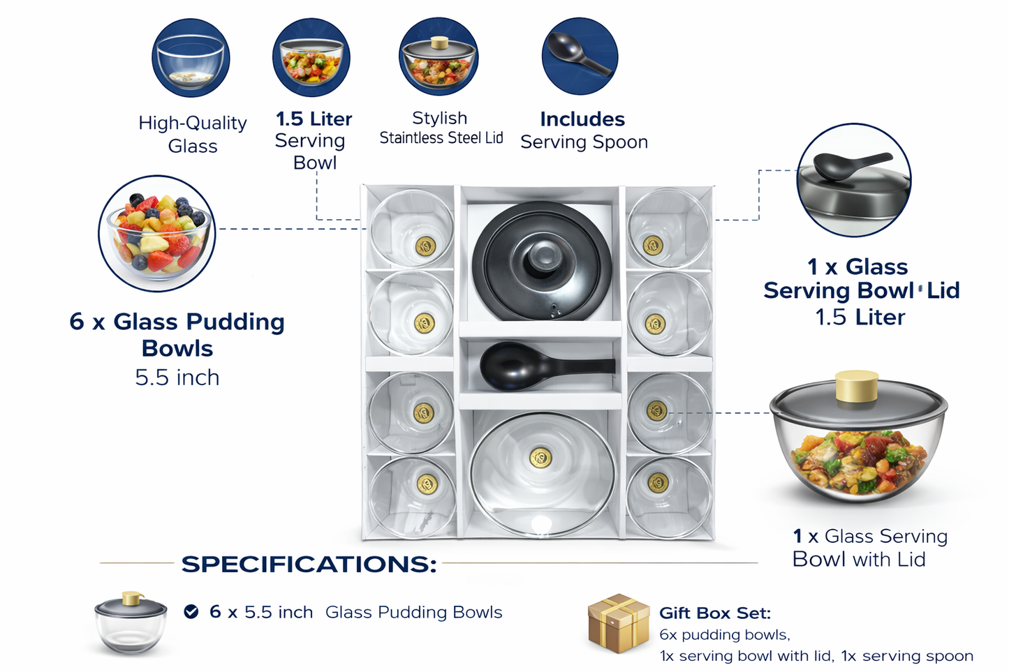 Glass Pudding Bowl Set with Lid & Spoon (7 Pieces) – 1.5L Serving Bowl + 6 Dessert Bowls (5.5 Inch) | Premium Clear Glass Serving Set for Kitchen, Parties, Fruit, Ice Cream – Gift Box Pack