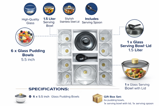 Glass Pudding Bowl Set with Lid & Spoon (7 Pieces) – 1.5L Serving Bowl + 6 Dessert Bowls (5.5 Inch) | Premium Clear Glass Serving Set for Kitchen, Parties, Fruit, Ice Cream – Gift Box Pack
