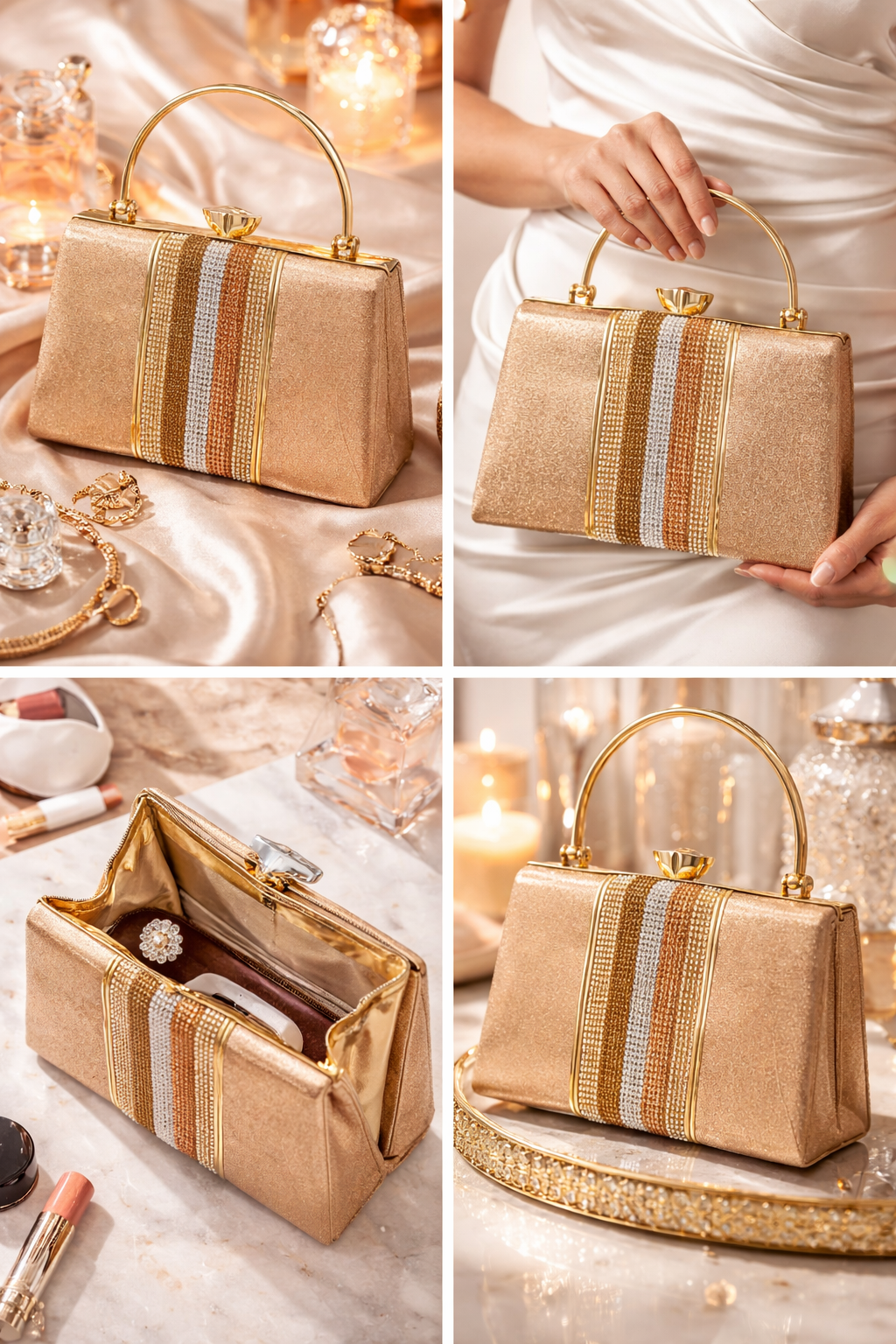 Gold Evening Handbag for Women | Premium Leather Party Clutch with Top Handle