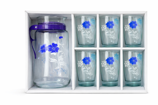 7-Piece Glassware Set with Water Jug (1.1 L) & 6 Glasses (295 ml) | Floral Design Glass Jug Set
