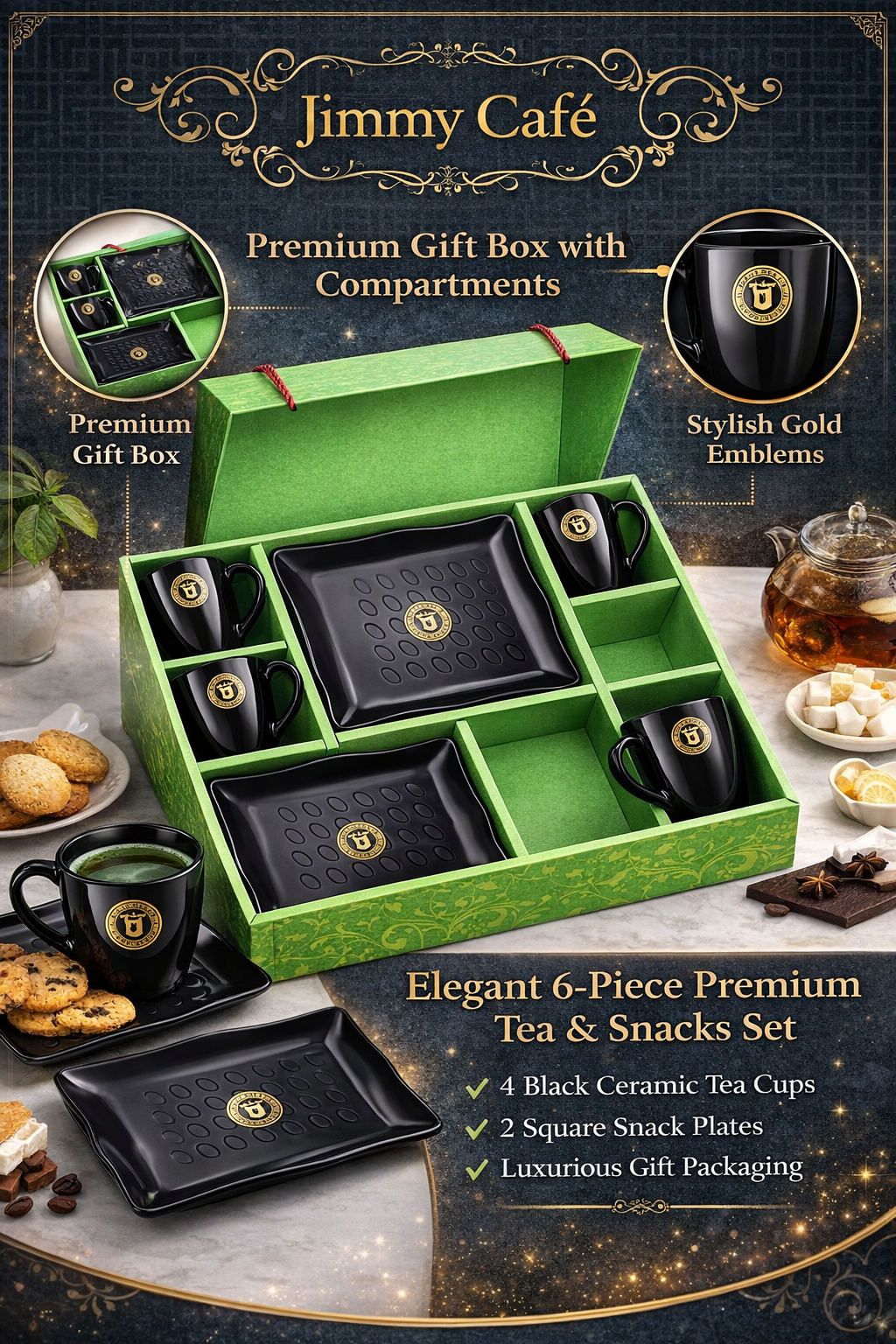 6-Piece Ceramic Tea Cup & Snack Plate Set with Gift Box | 4 Black Tea Cups + 2 Square Plates