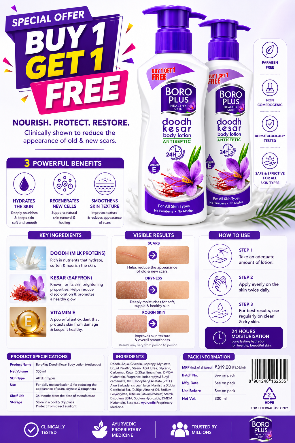 BoroPlus Doodh Kesar Body Lotion with Milk Proteins, Saffron & Vitamin E – Deep Moisturizing Body Lotion for Soft, Smooth & Nourished Skin, 24-Hour Hydration, 300ml