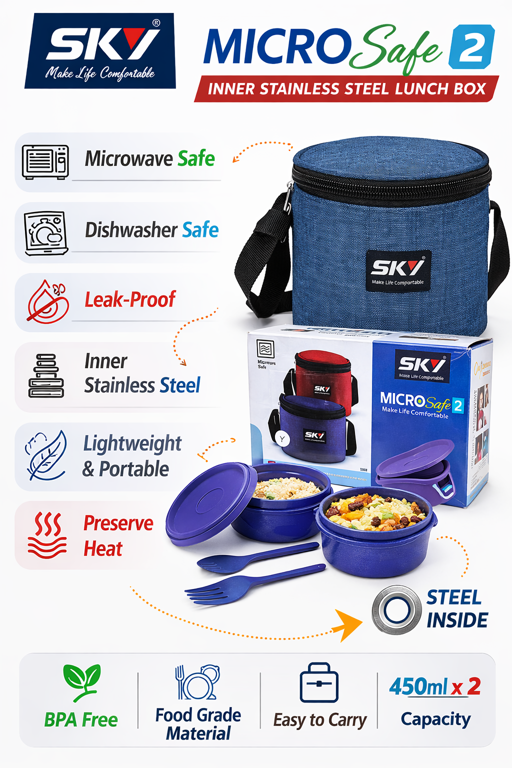 SKY MicroSafe 2 Stainless Steel Lunch Box Set (450ml x 2) | Microwave Safe Leak-Proof Tiffin Box with Carry Bag